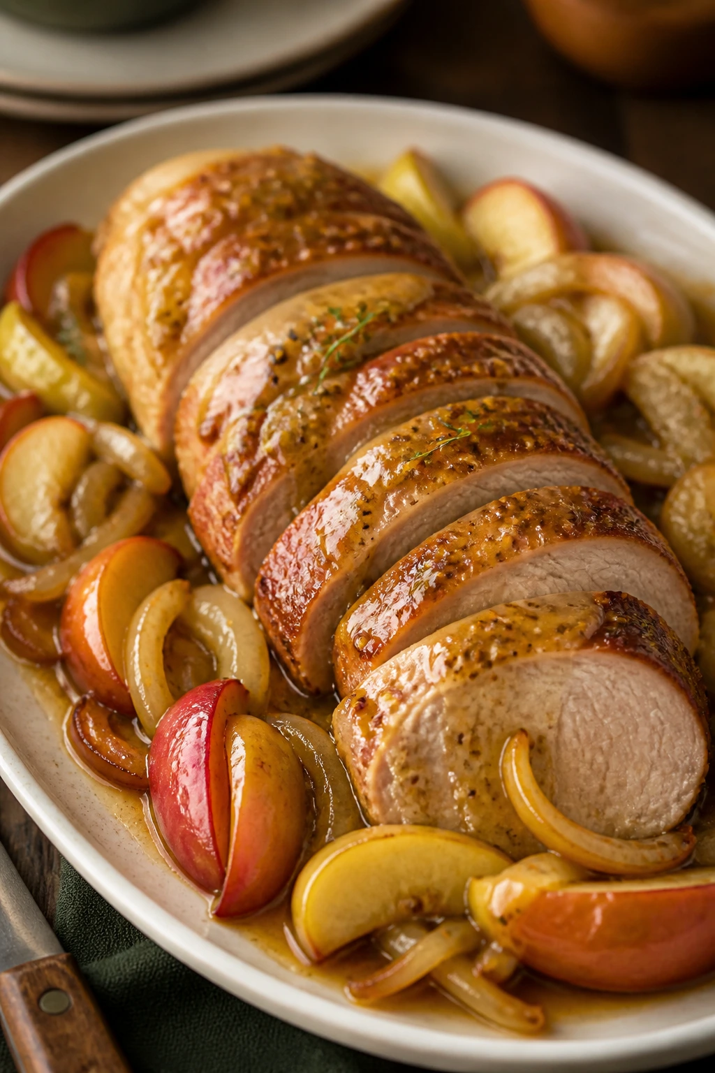 Honey mustard pork tenderloin with apples and onions on plate