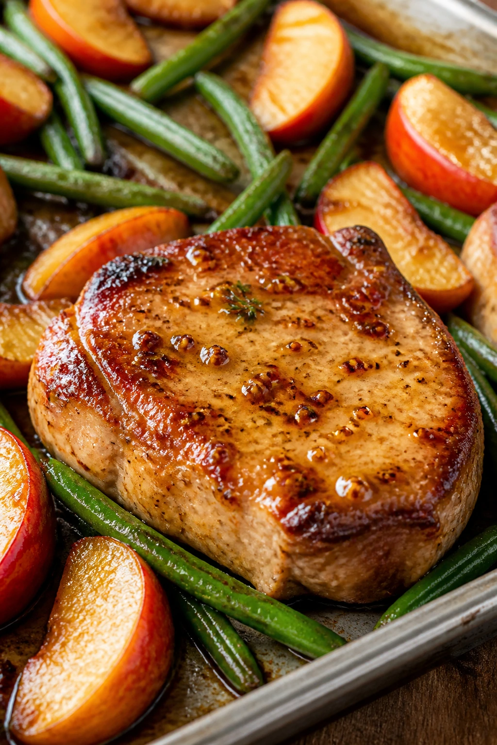 Pork chop with honey mustard glaze, apples, and green beans on a sheet pan