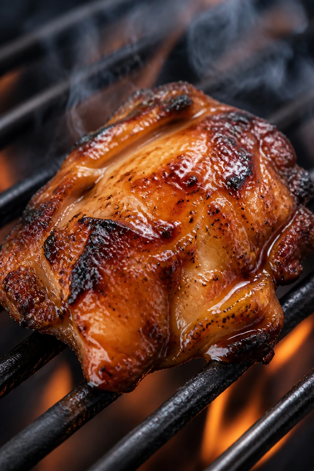 Close-up of glossy honey soy ginger grilled chicken thigh