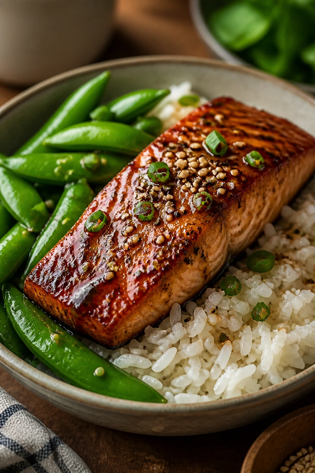 Glossy salmon bowl with rice and snap peas