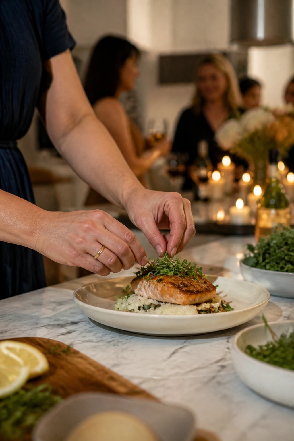 Host plating a dish in a kitchen with guests in background
