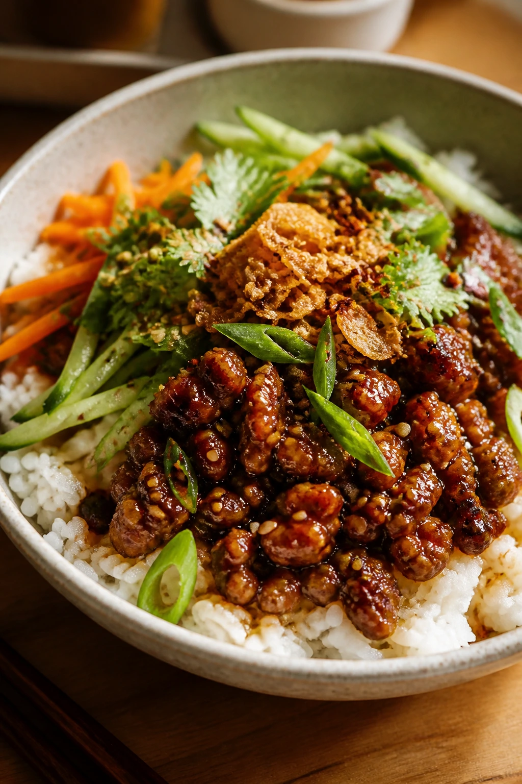 Close-up of a hot honey ground beef bowl with glossy glaze and sesame seeds on a wooden kitchen counter