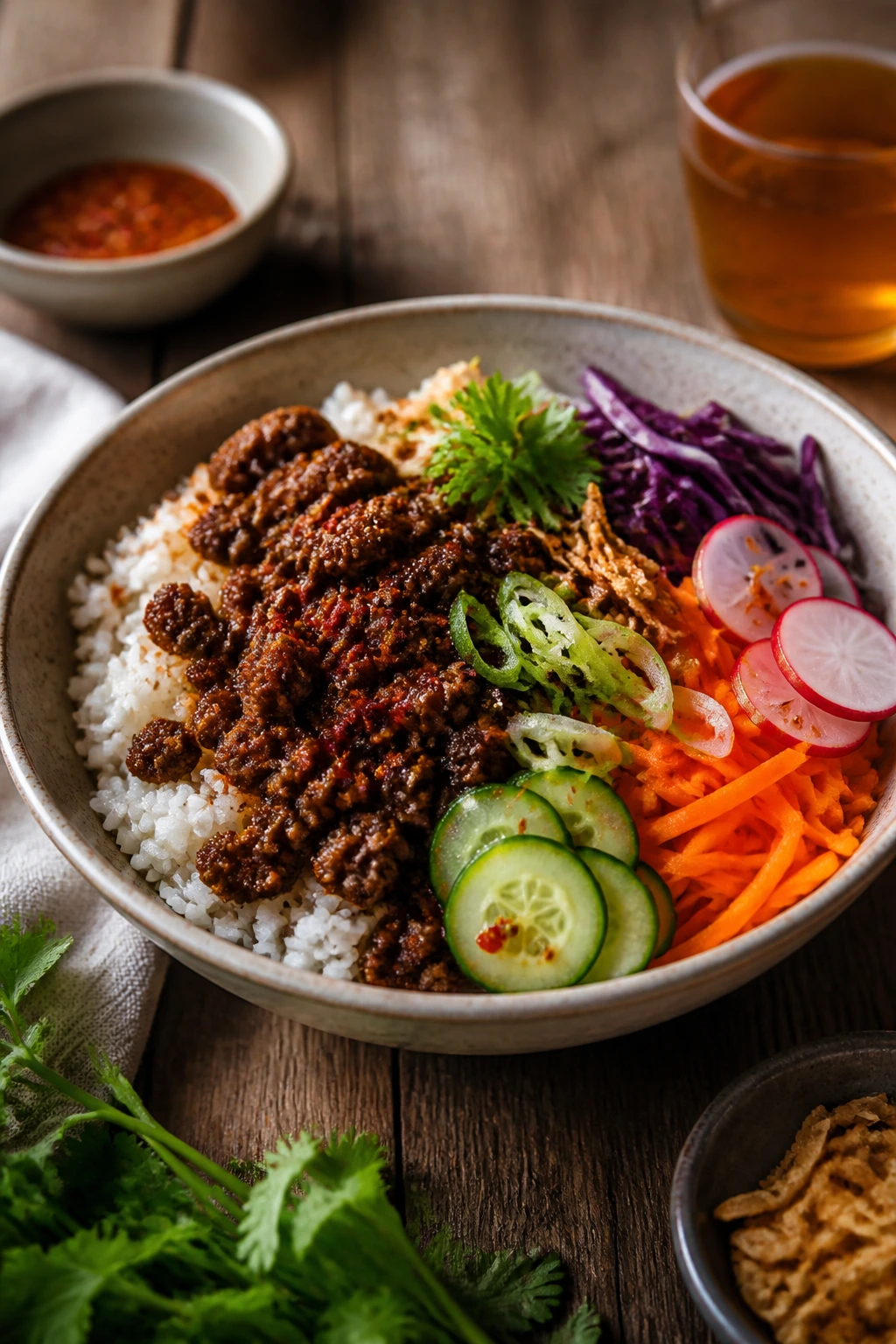 Close-up of a layered hot honey ground beef bowl with distinct base, beef, and topping sections