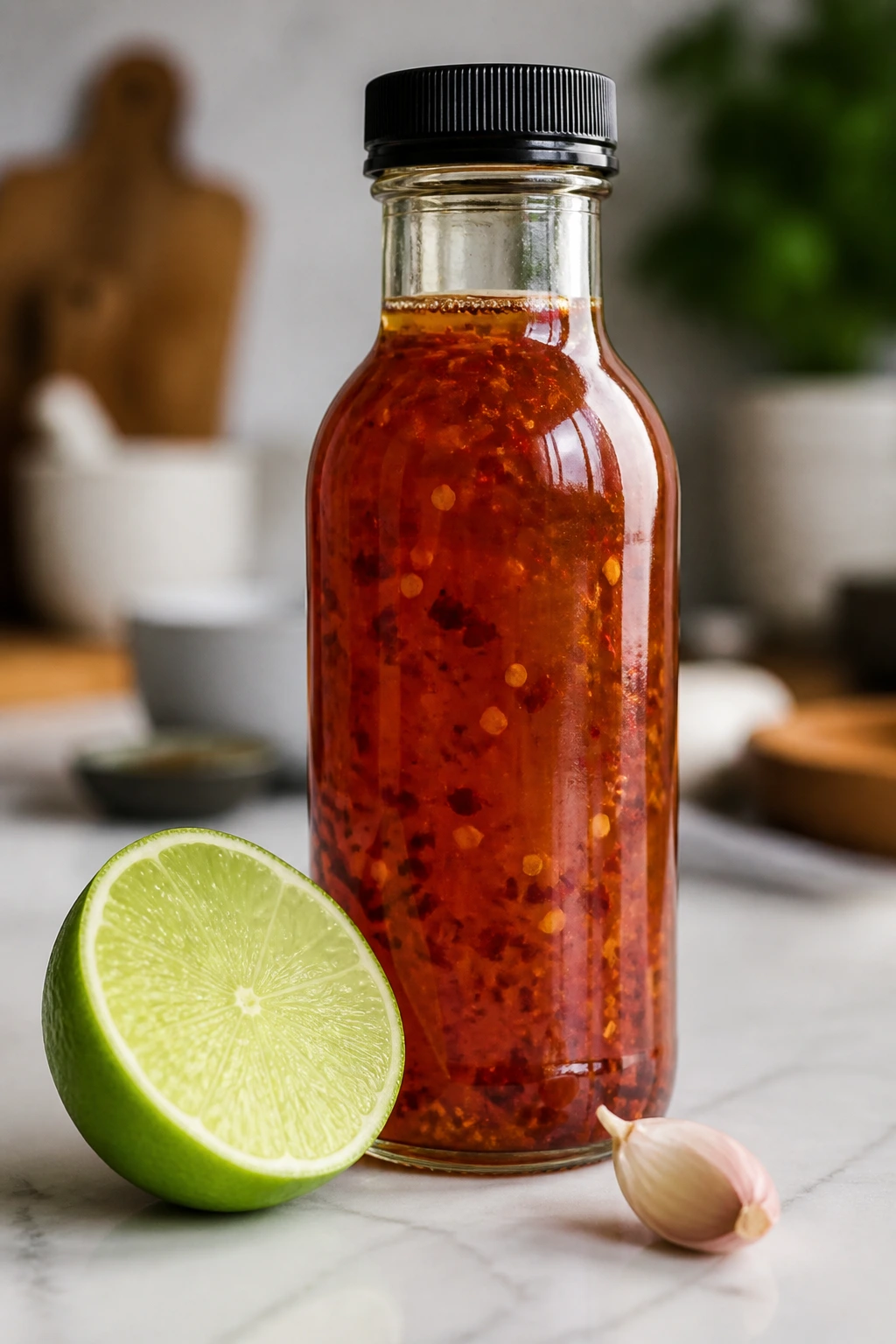 Hot honey bottle with lime and garlic on counter