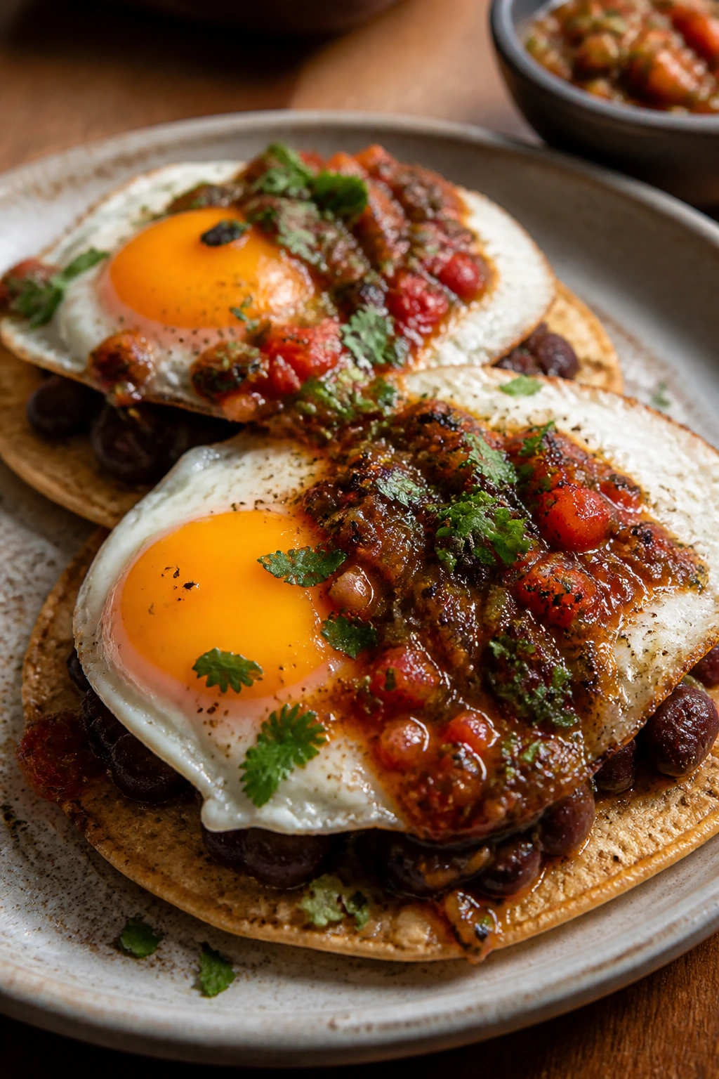 Close-up of huevos rancheros with charred salsa on tortilla plate