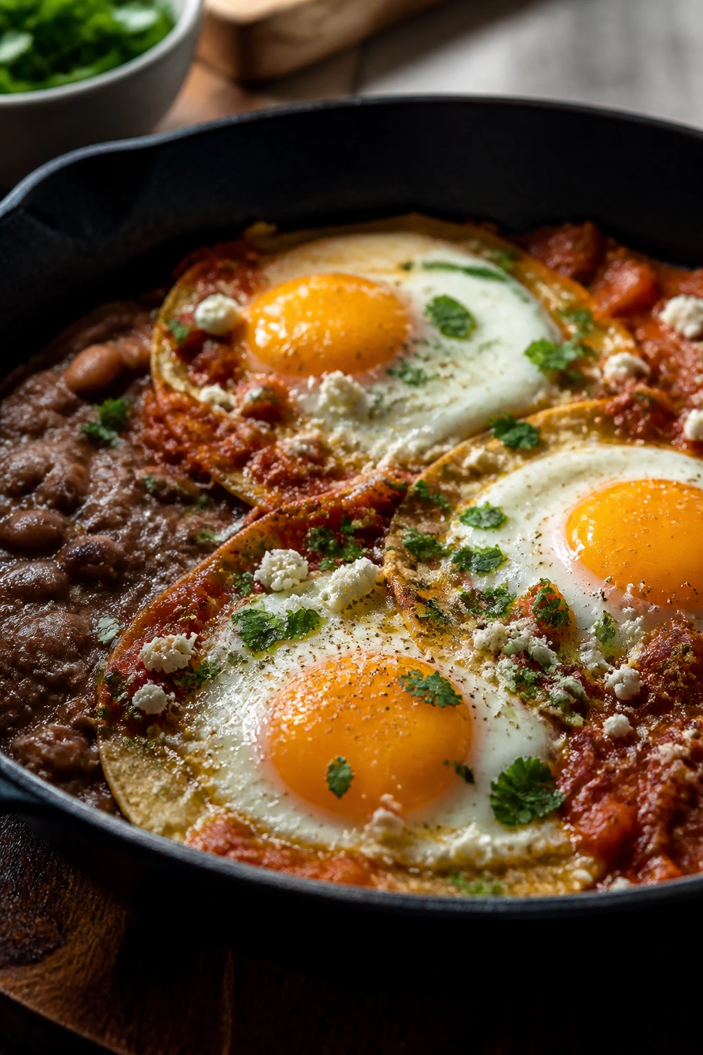 Close-up of huevos rancheros skillet with eggs, beans, and salsa in a warm kitchen