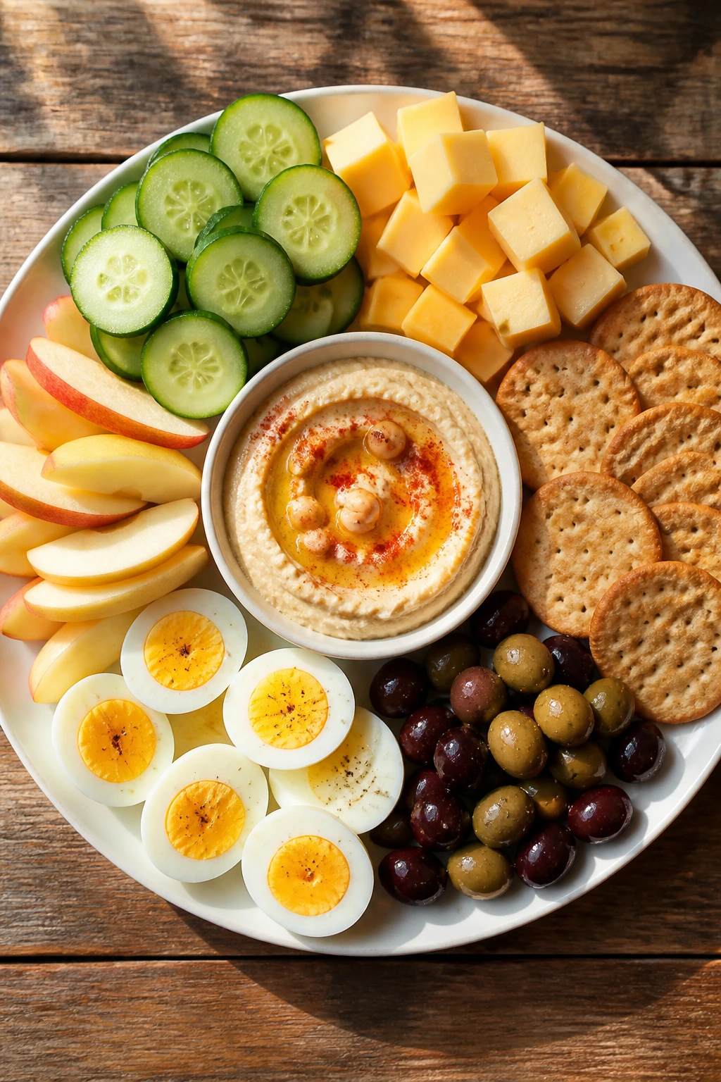 Top-down plate with hummus, eggs, cheese, cucumber, fruit, and crackers arranged on a wooden table