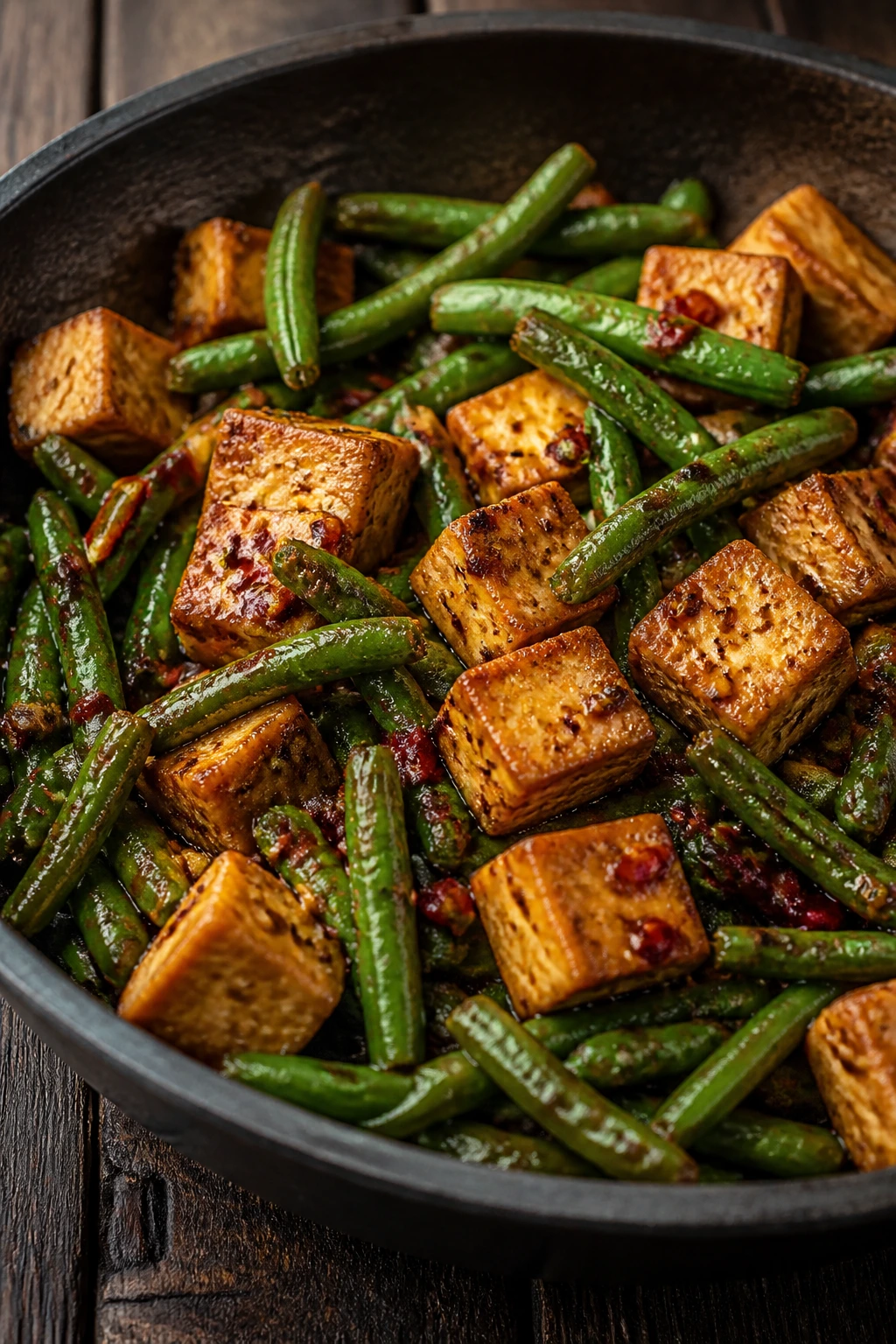 Close-up of tofu with blistered green beans in spicy Hunan sauce