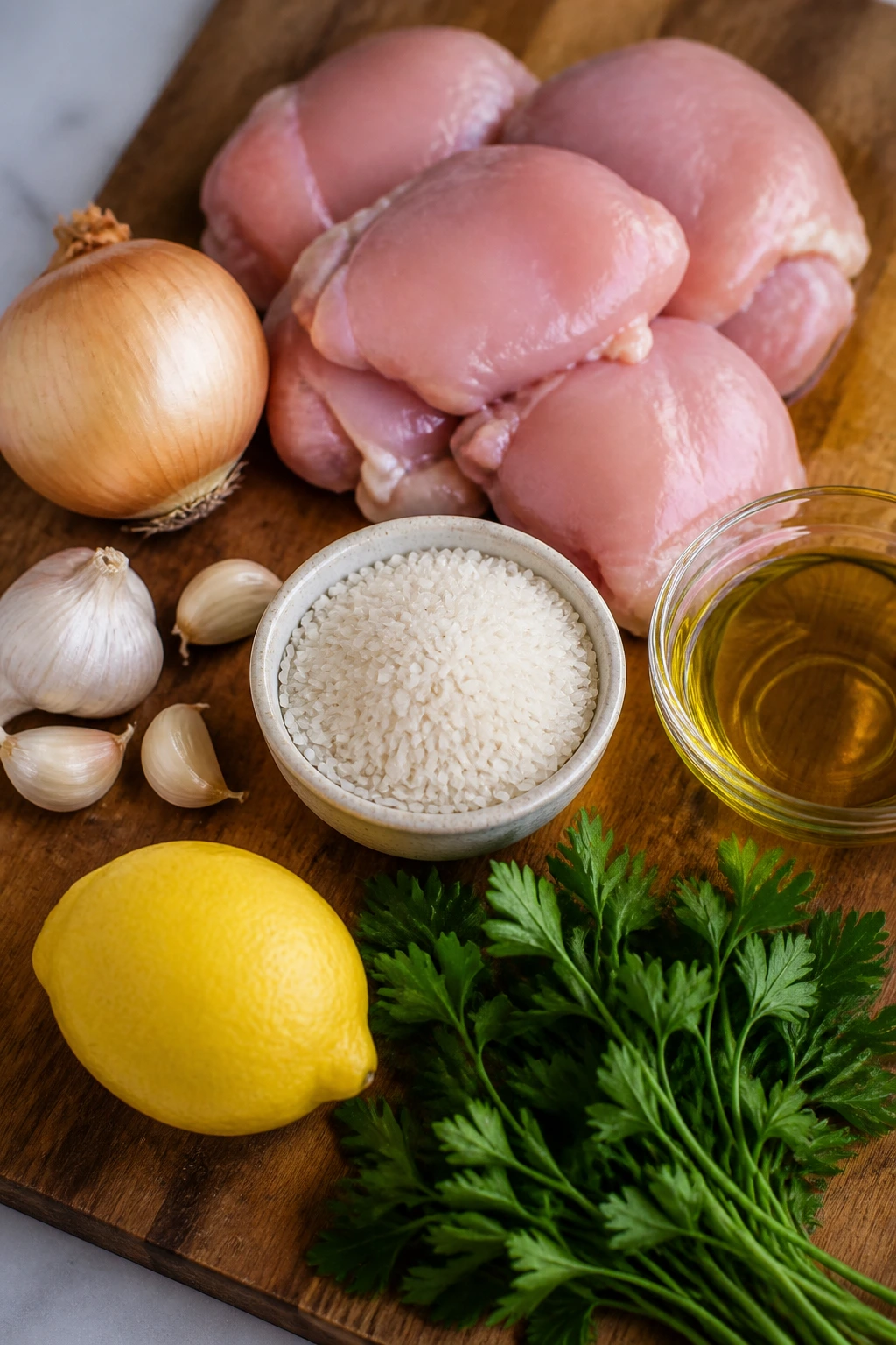 Top-down view of key ingredients for the recipe arranged on a wooden board