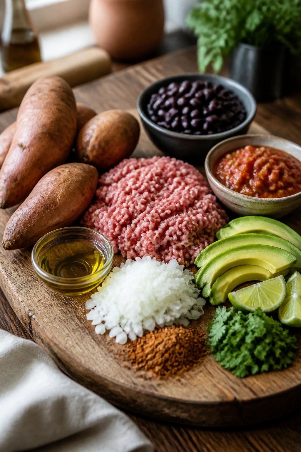 Close-up of key ingredients for dairy-free stuffed potatoes: sweet potatoes, turkey, beans, salsa, avocado