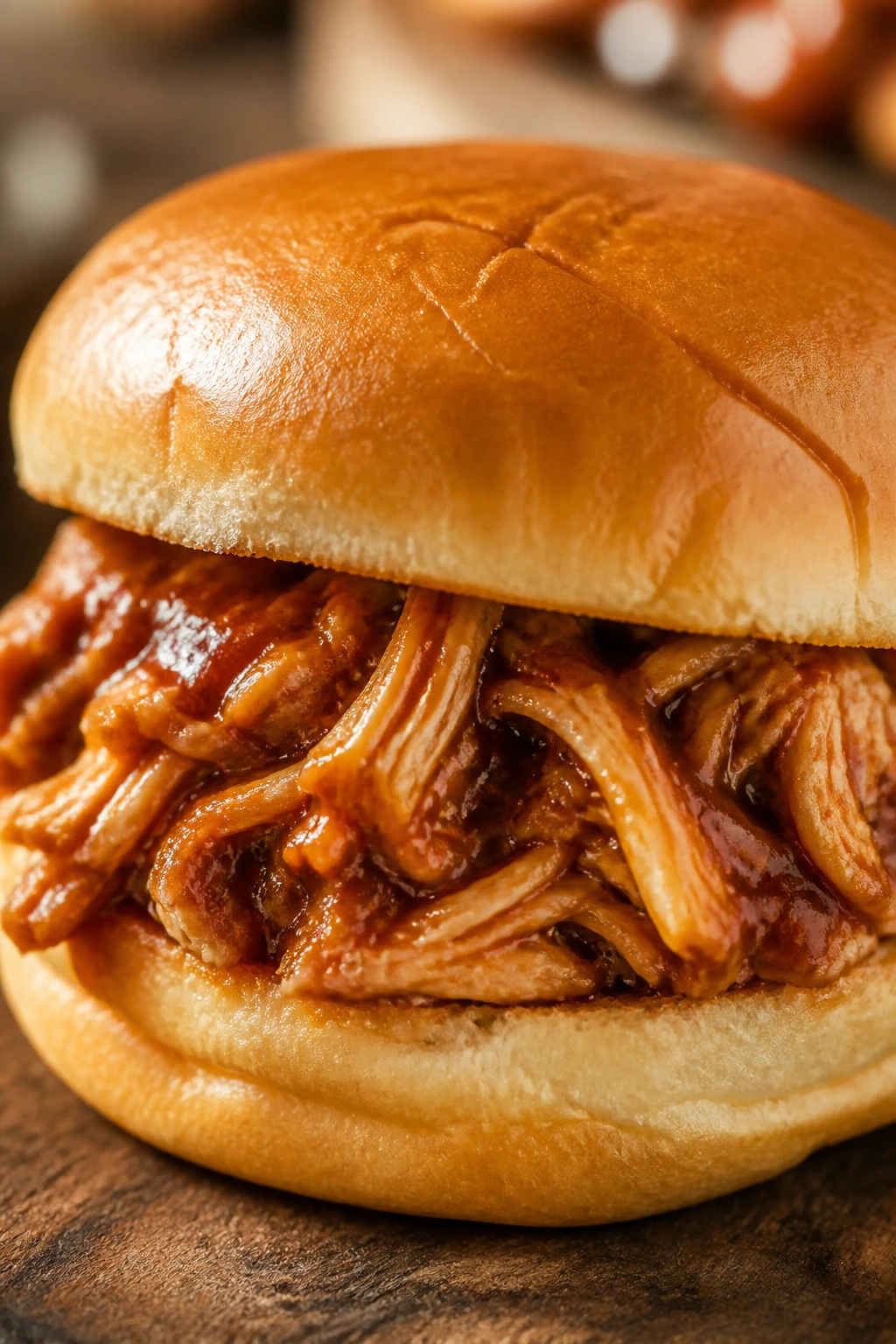 Shredded BBQ chicken sandwich in a bun filling the frame