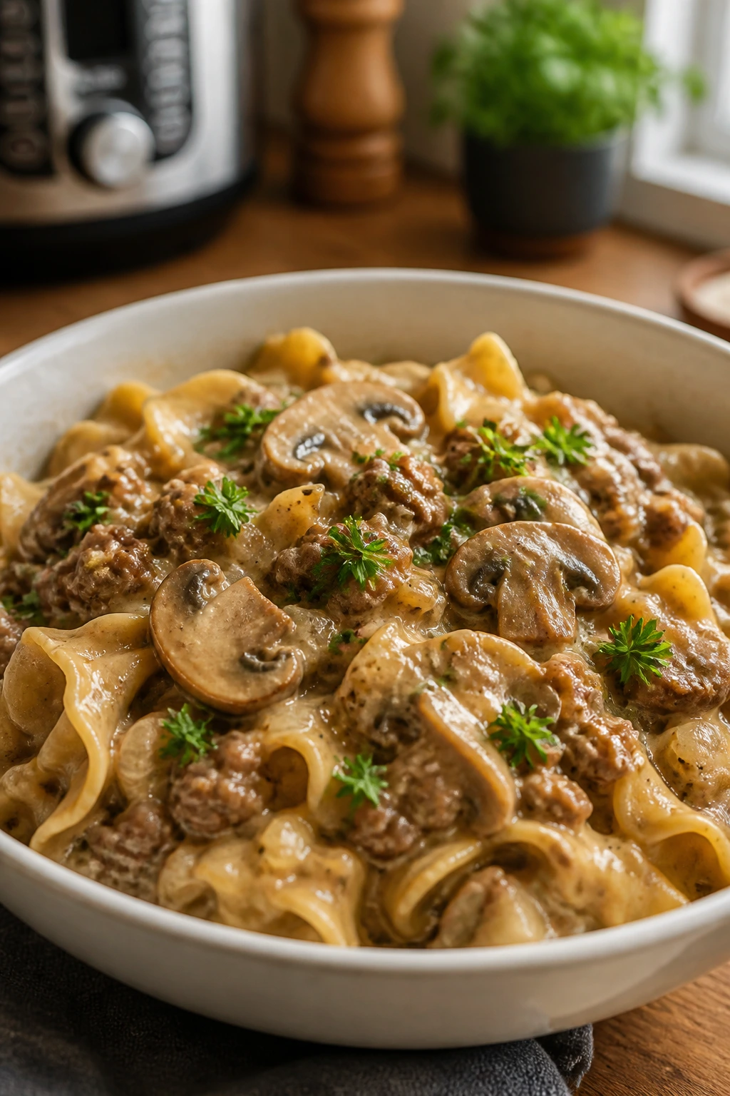 Creamy beef stroganoff with mushrooms and noodles in a bowl