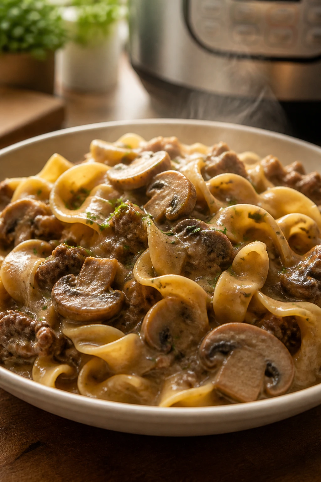 Creamy beef stroganoff with mushrooms and noodles in a bowl