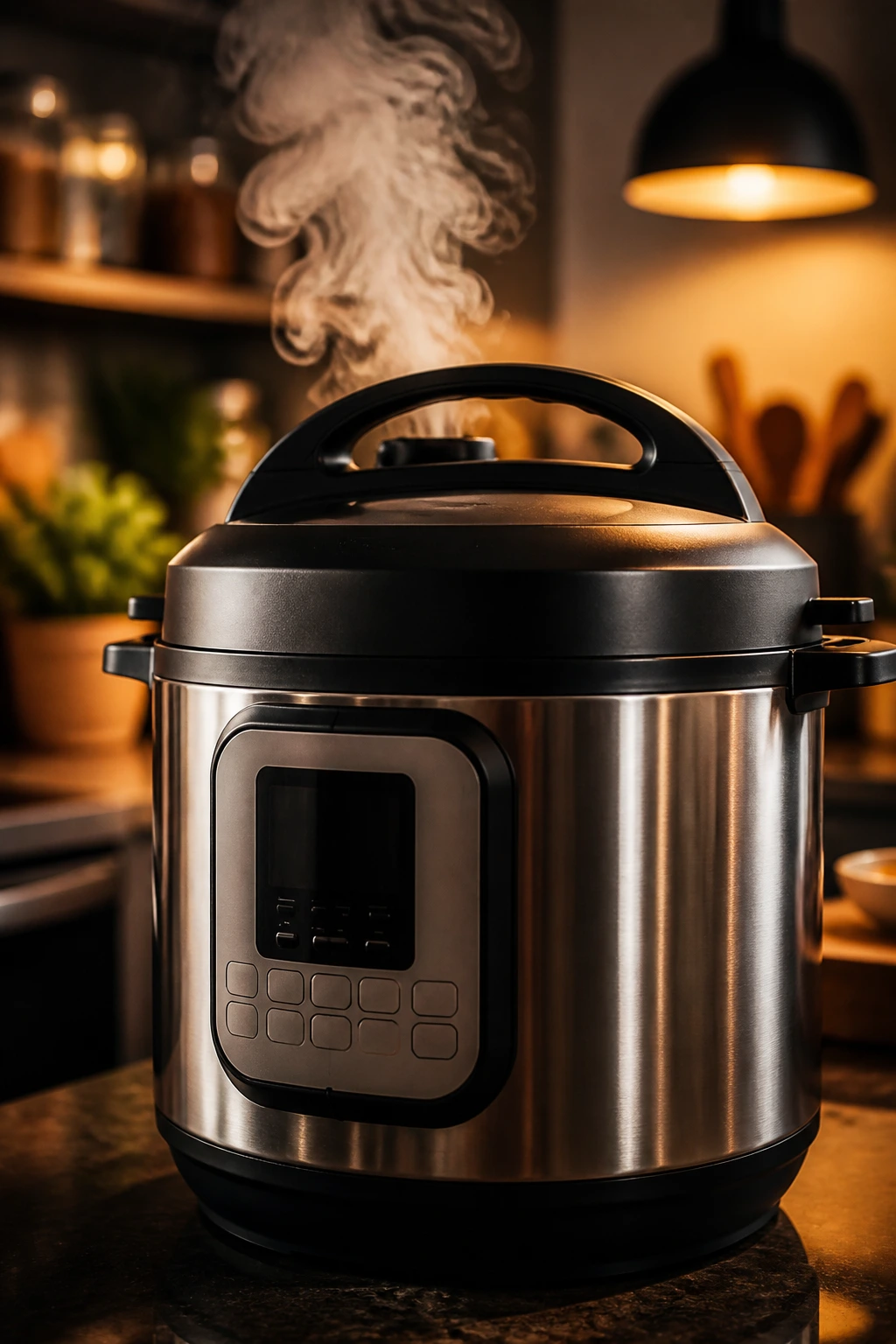 Close-up of an Instant Pot steaming in a warm kitchen