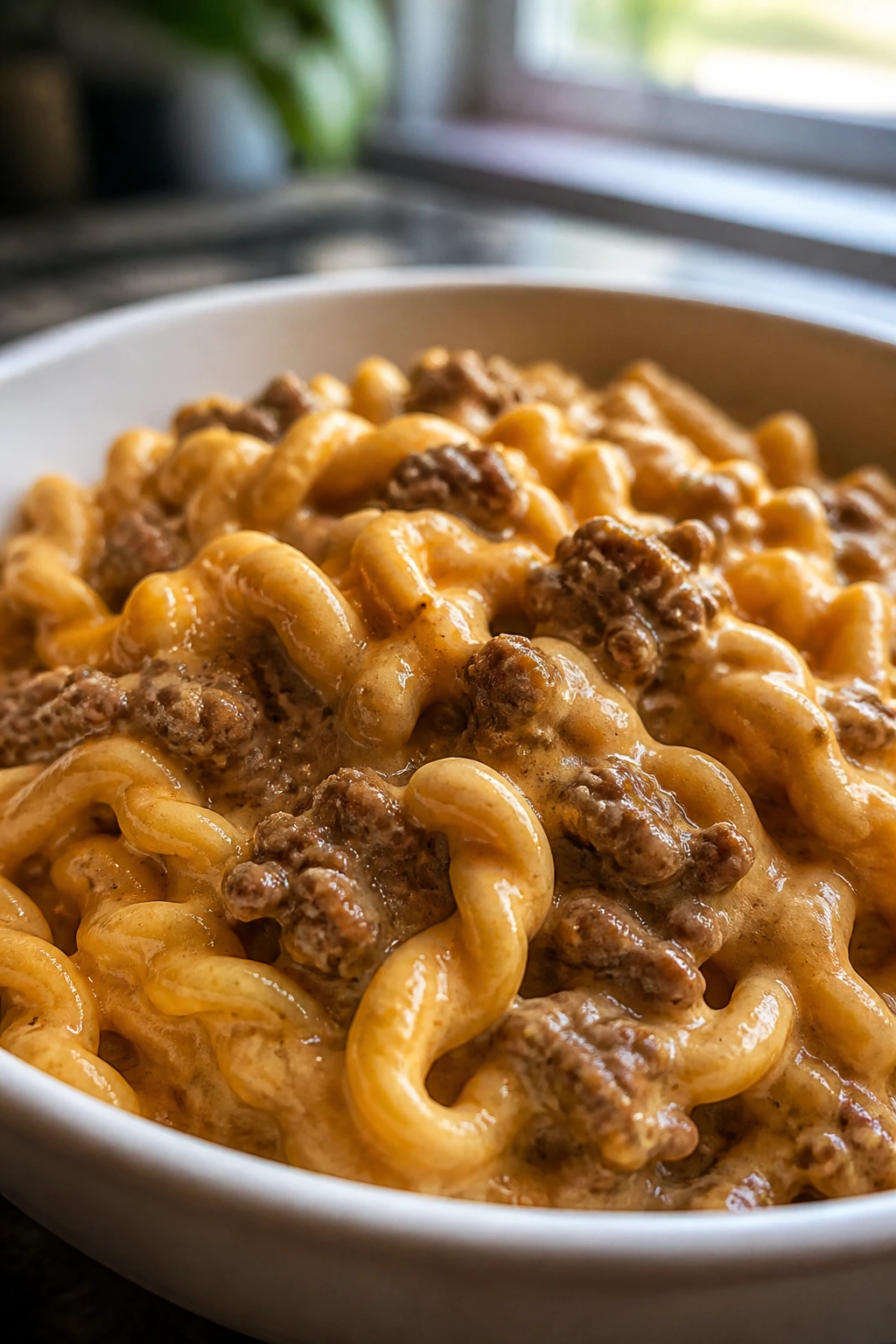 Creamy cheeseburger pasta in a bowl filling the frame on a kitchen counter