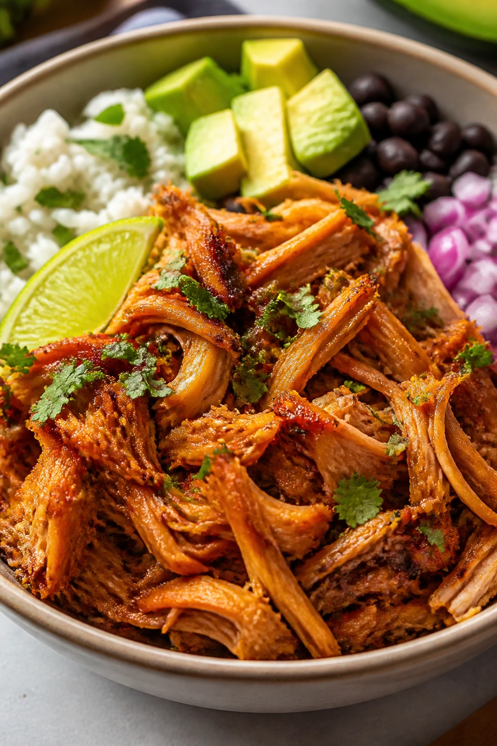 Shredded chicken carnitas in a bowl