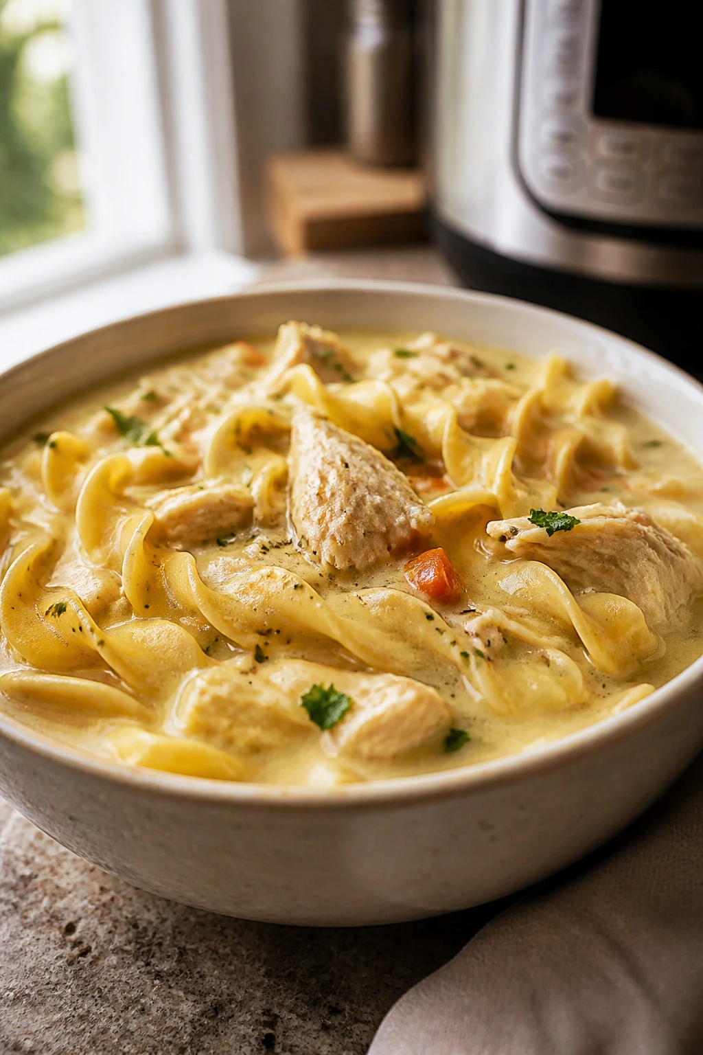 Creamy chicken noodle soup in a bowl filling the frame