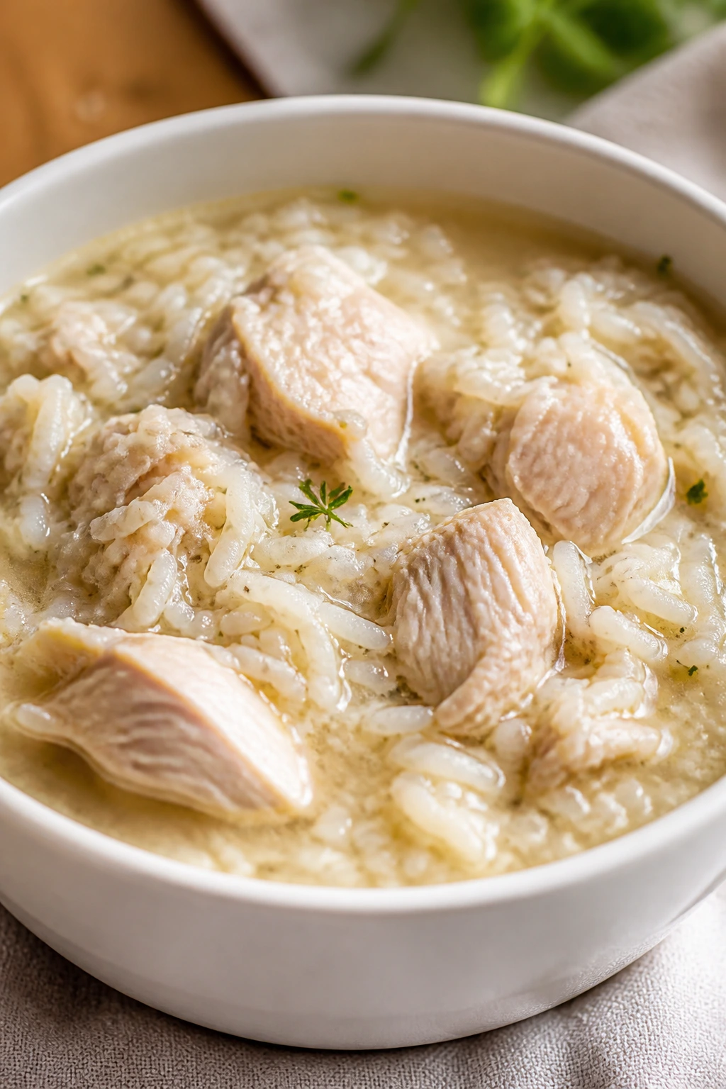 Close-up of chicken and rice in a creamy broth served in a white bowl on a wooden kitchen table