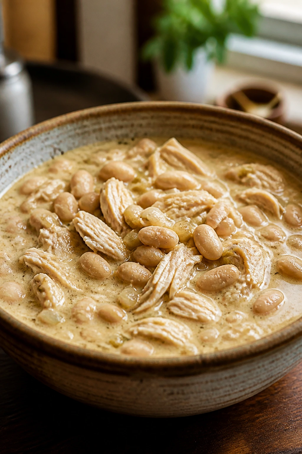 Close-up of creamy white chicken chili in a rustic bowl
