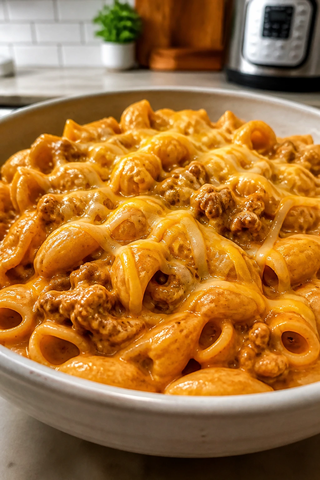 Creamy taco pasta in a bowl filling the frame with melted cheese on top