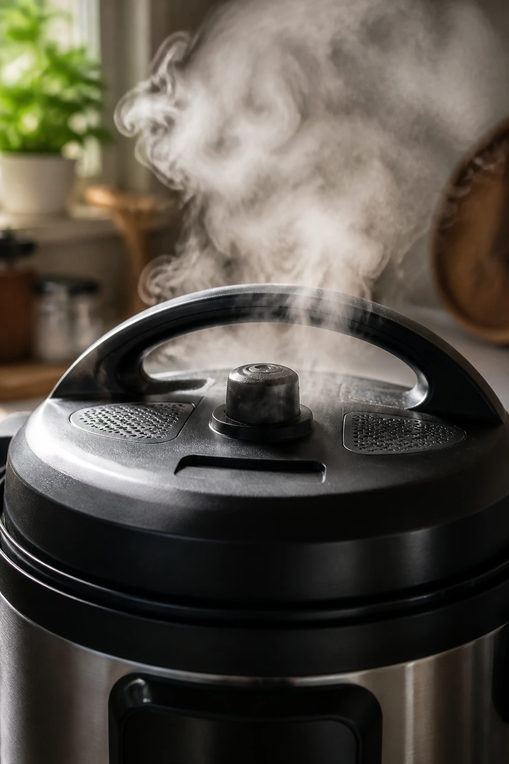 Instant Pot lid with steam in a cozy kitchen