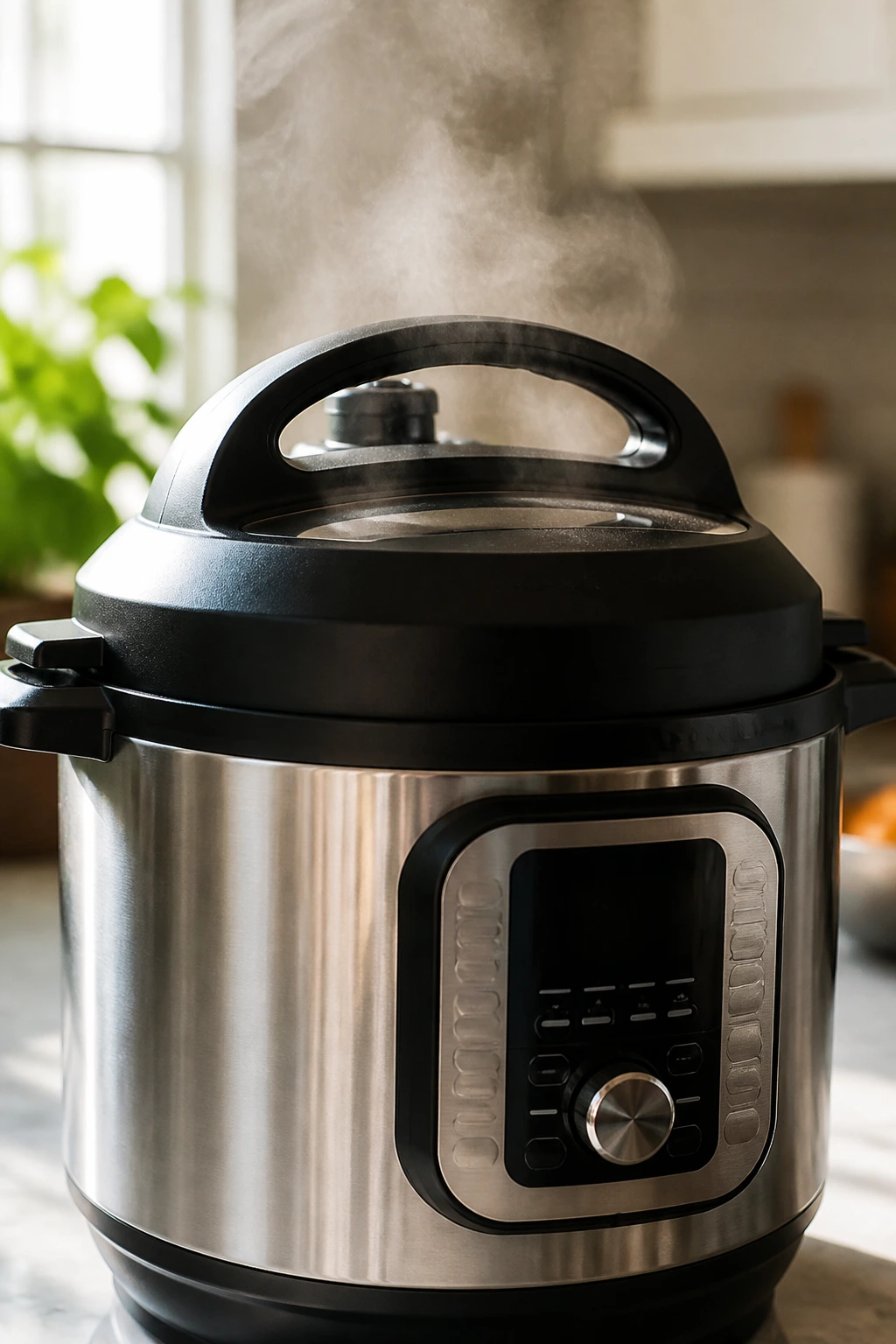 Close-up of a steaming Instant Pot in a cozy kitchen