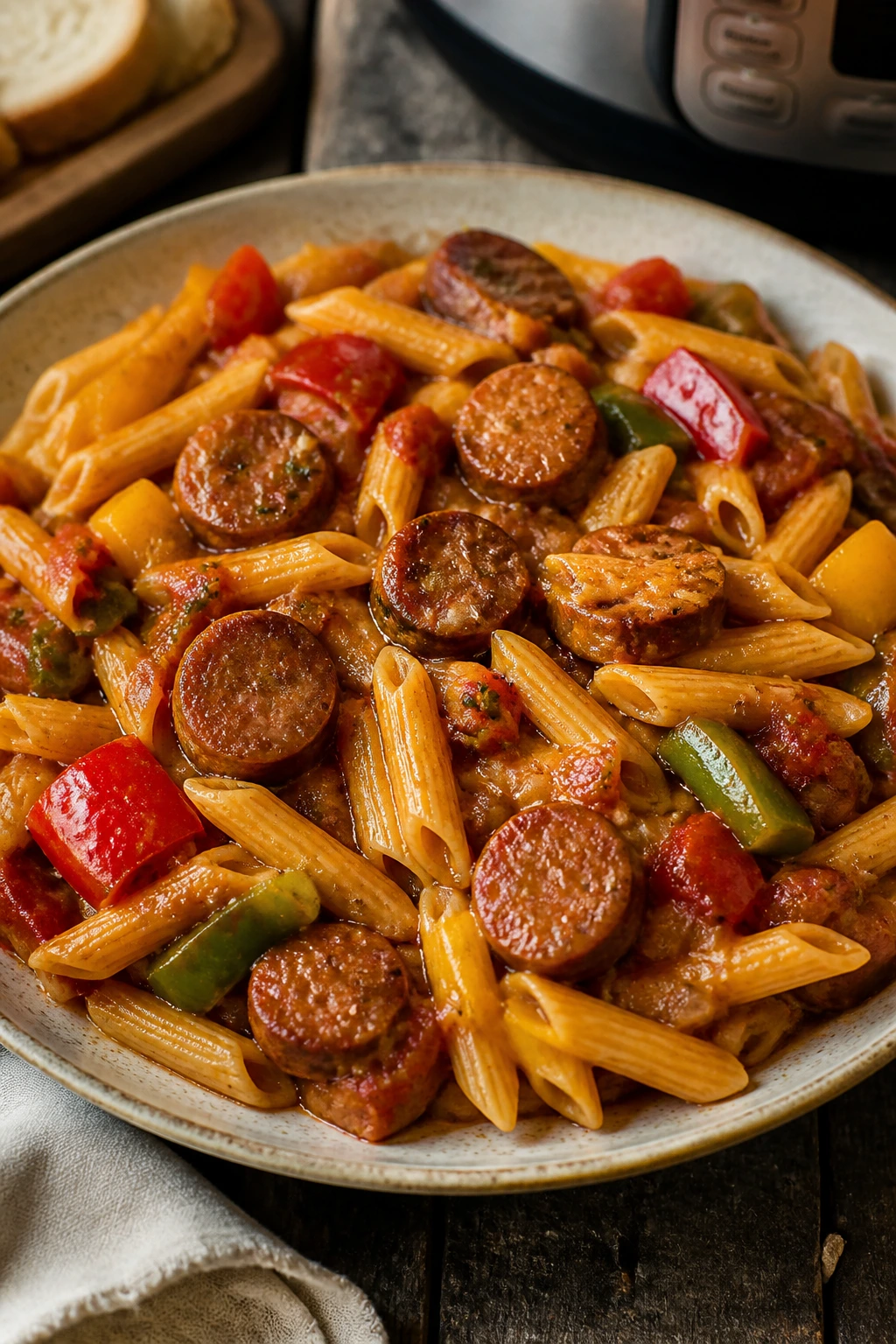 Close-up of sausage, peppers, and penne in tomato sauce on a rustic wooden table