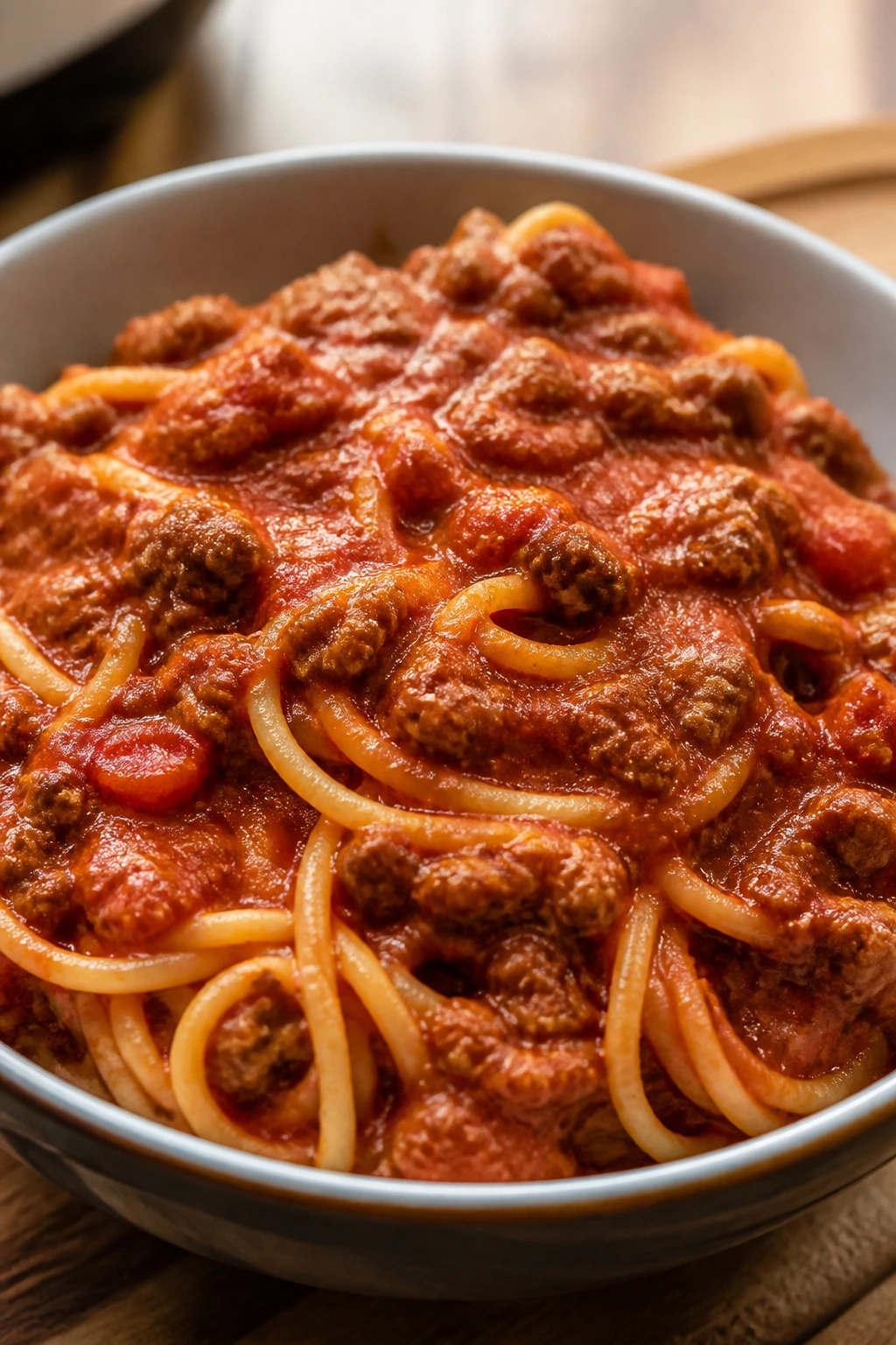 Spaghetti with smooth meat sauce in a bowl filling the frame on a wooden kitchen counter