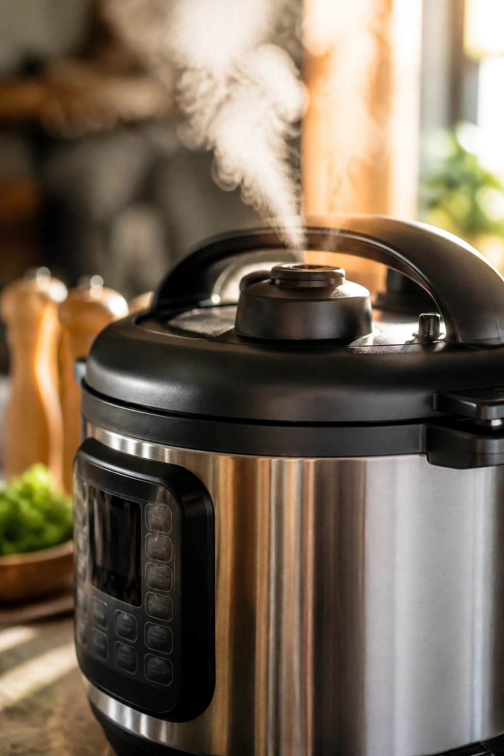 Instant Pot on the counter with steam in a bright kitchen