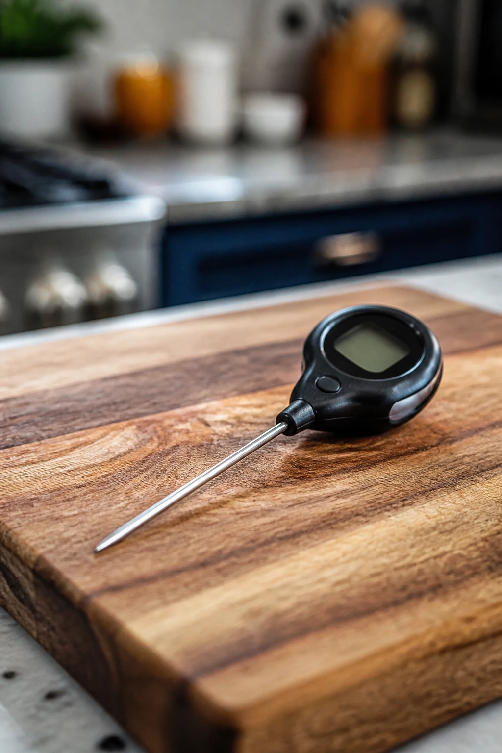 Digital instant-read thermometer on a cutting board