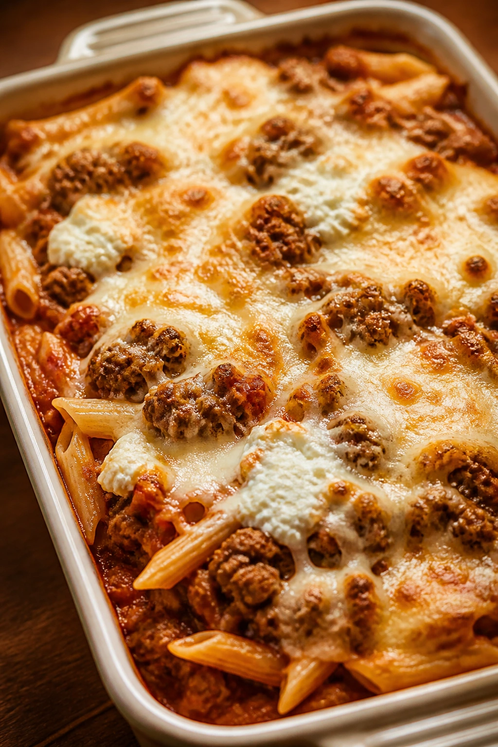 Close-up of Italian beef and pasta bake with pasta, beef, ricotta and mozzarella