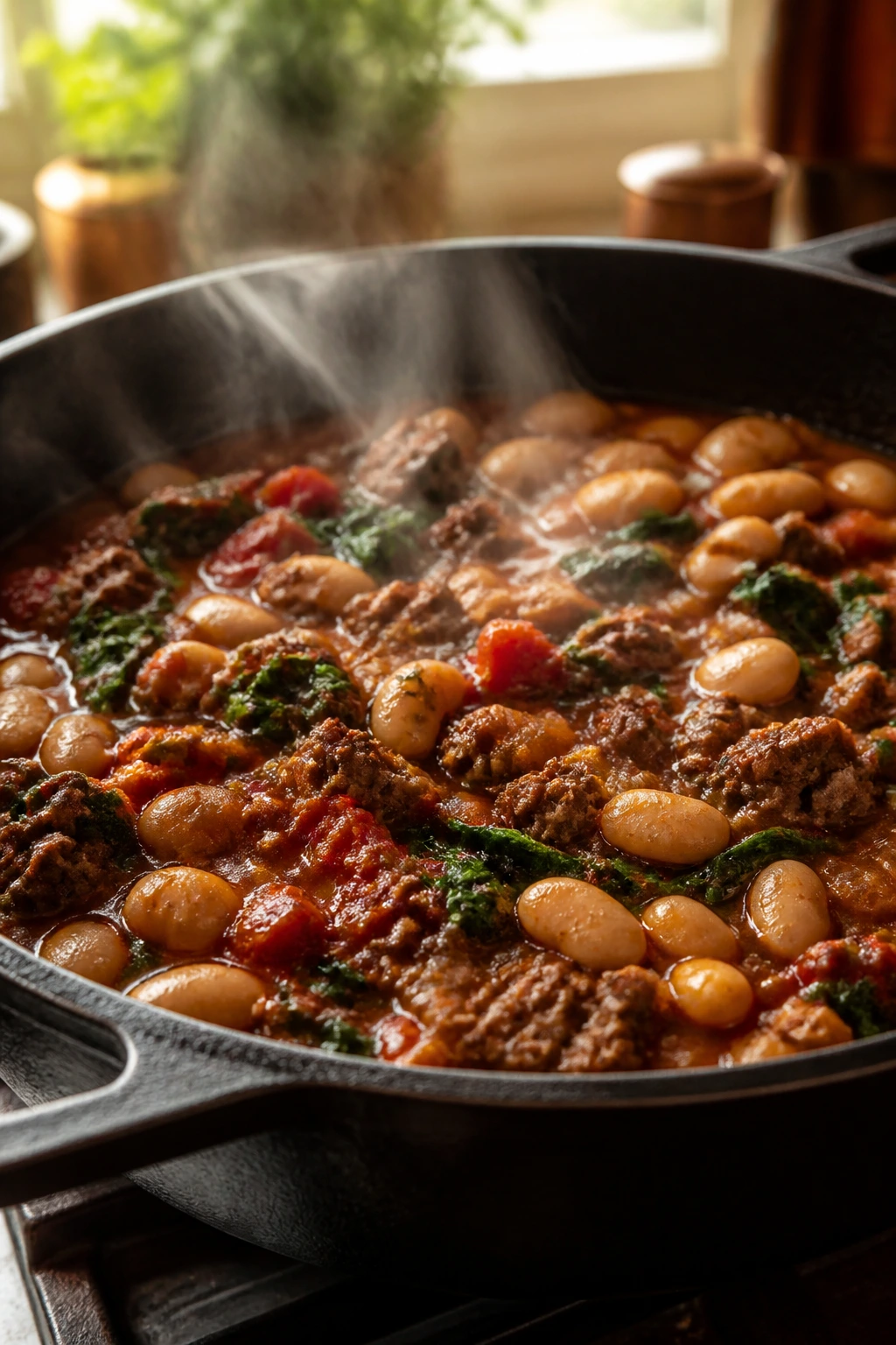 Close-up of Italian Beef and White Bean Skillet with cannellini beans, beef, tomatoes, and greens in a cast-iron pan