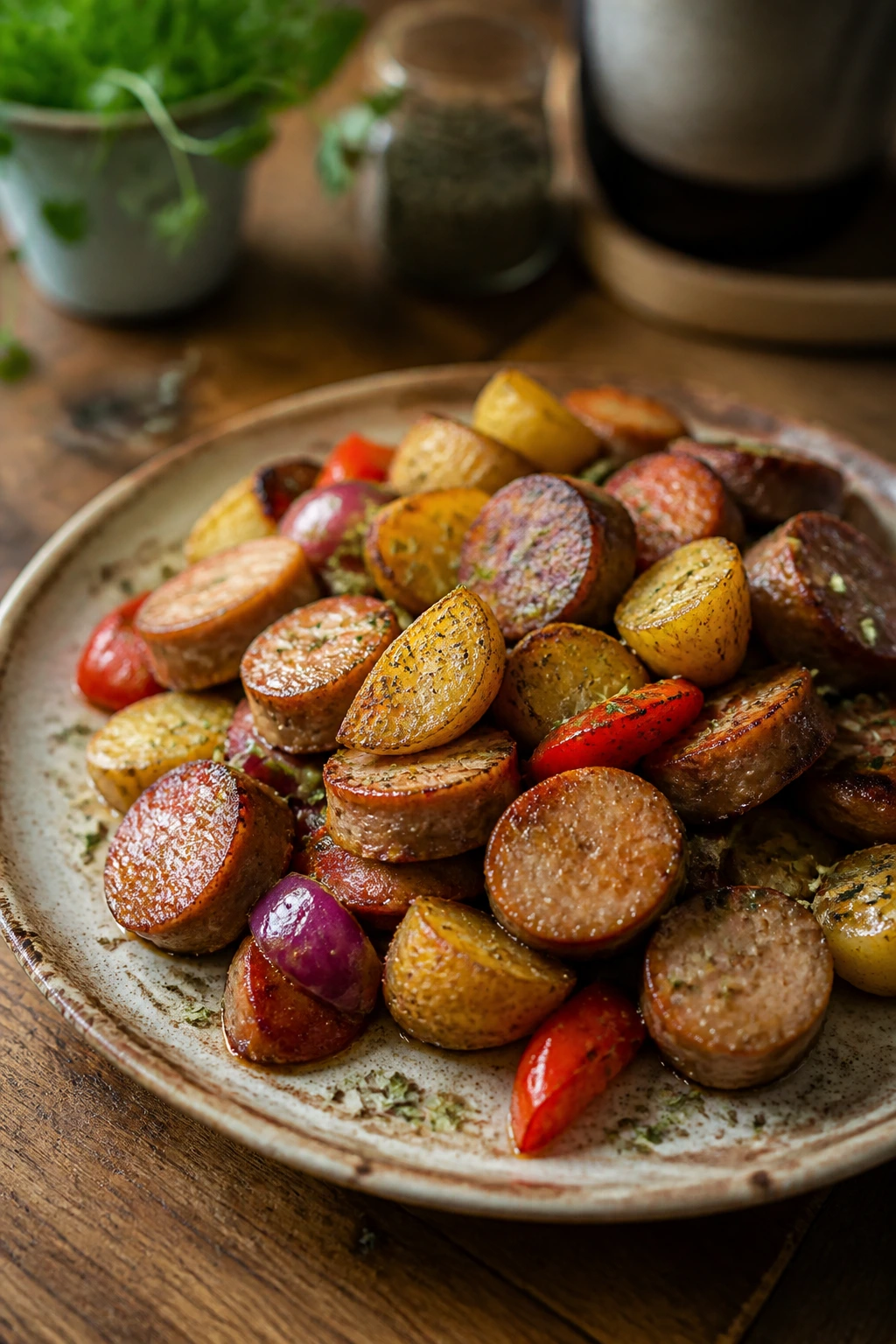 Plate of Italian-herb variation with sausage and potatoes