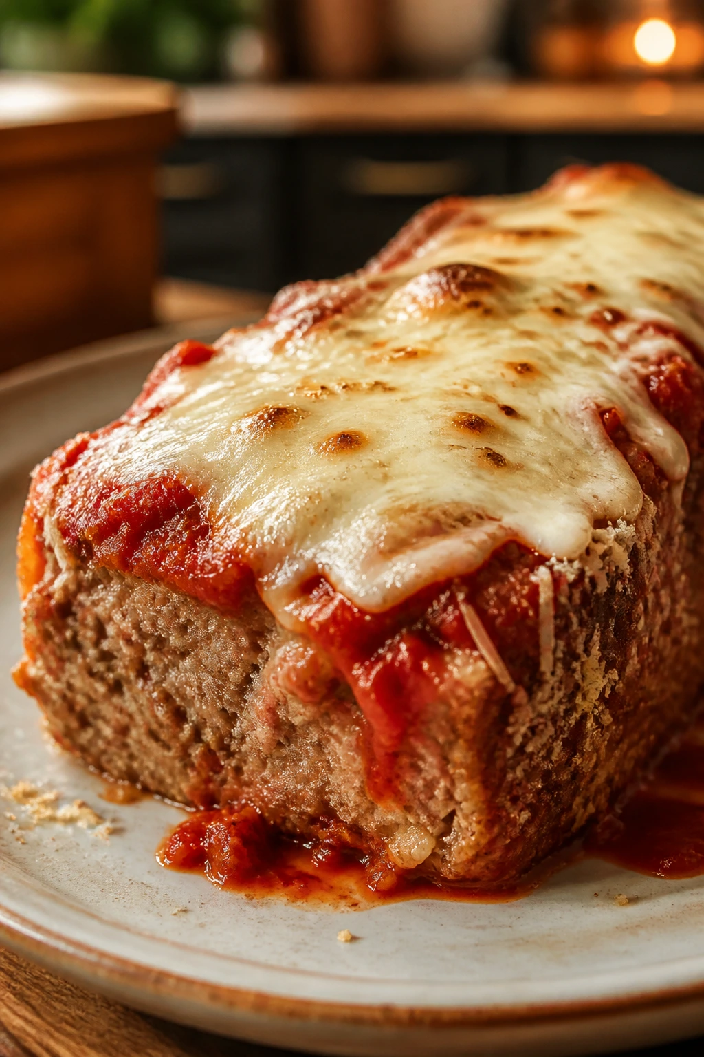 Close-up of Italian parmesan meatloaf with marinara and melted mozzarella