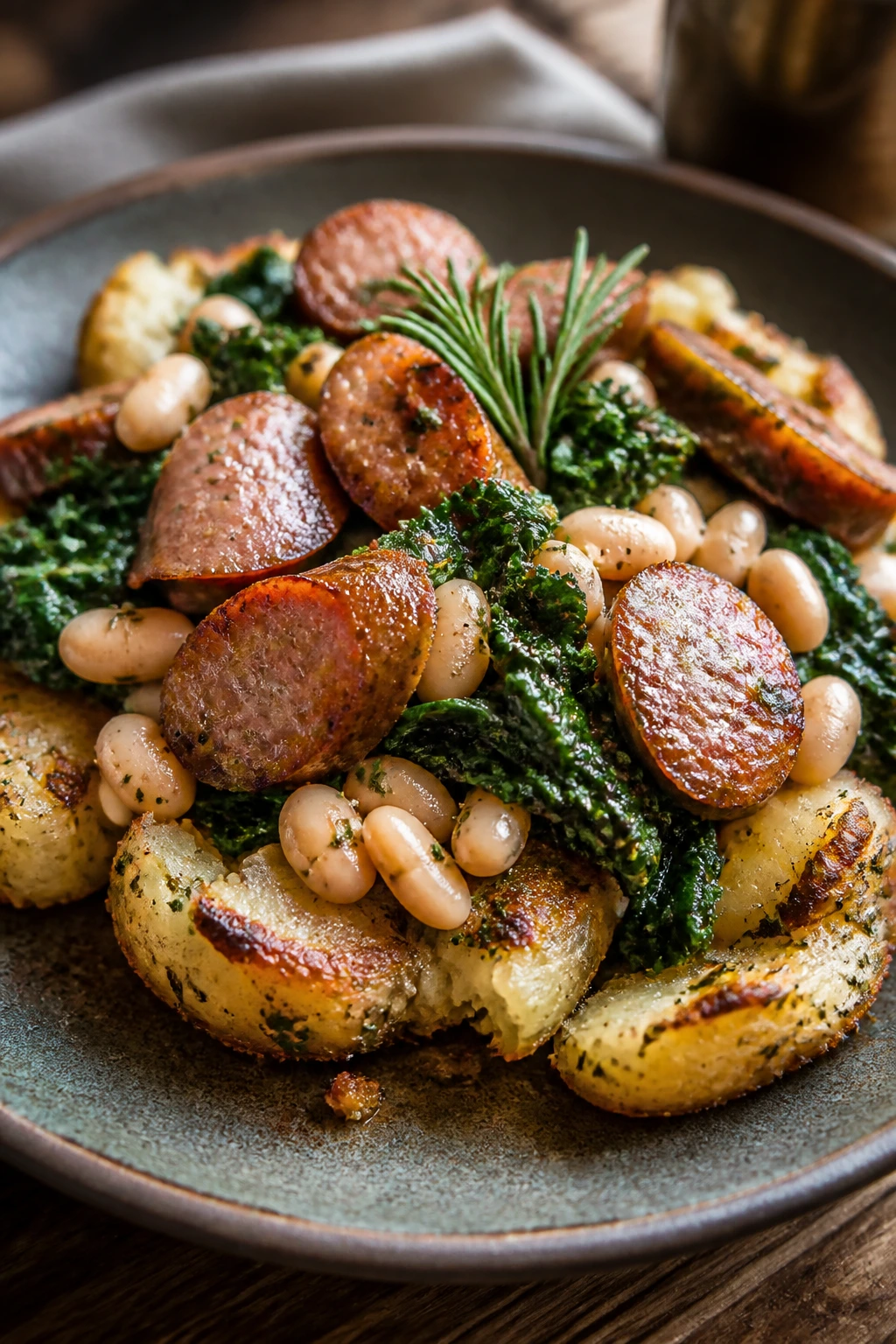 Close-up of Italian sausage, kale, and white beans on herbed smashed potatoes