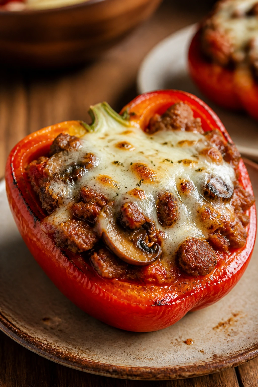 Close-up Italian sausage and mozzarella stuffed pepper half on rustic plate