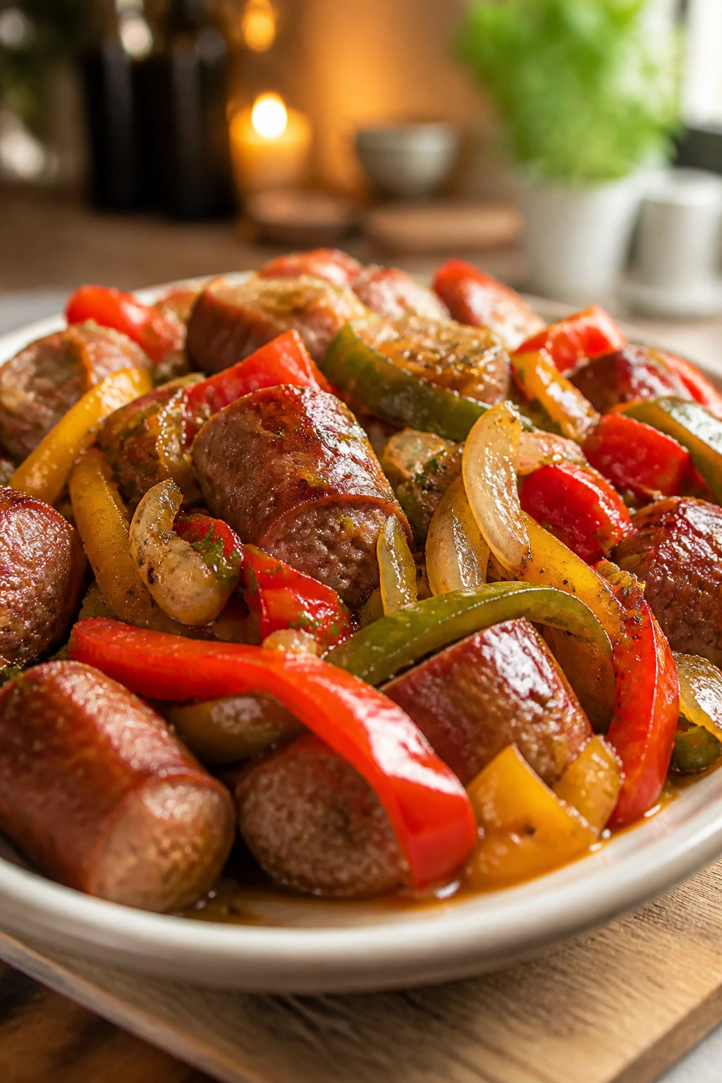 Close-up plate of Italian sausage and peppers on a wooden table