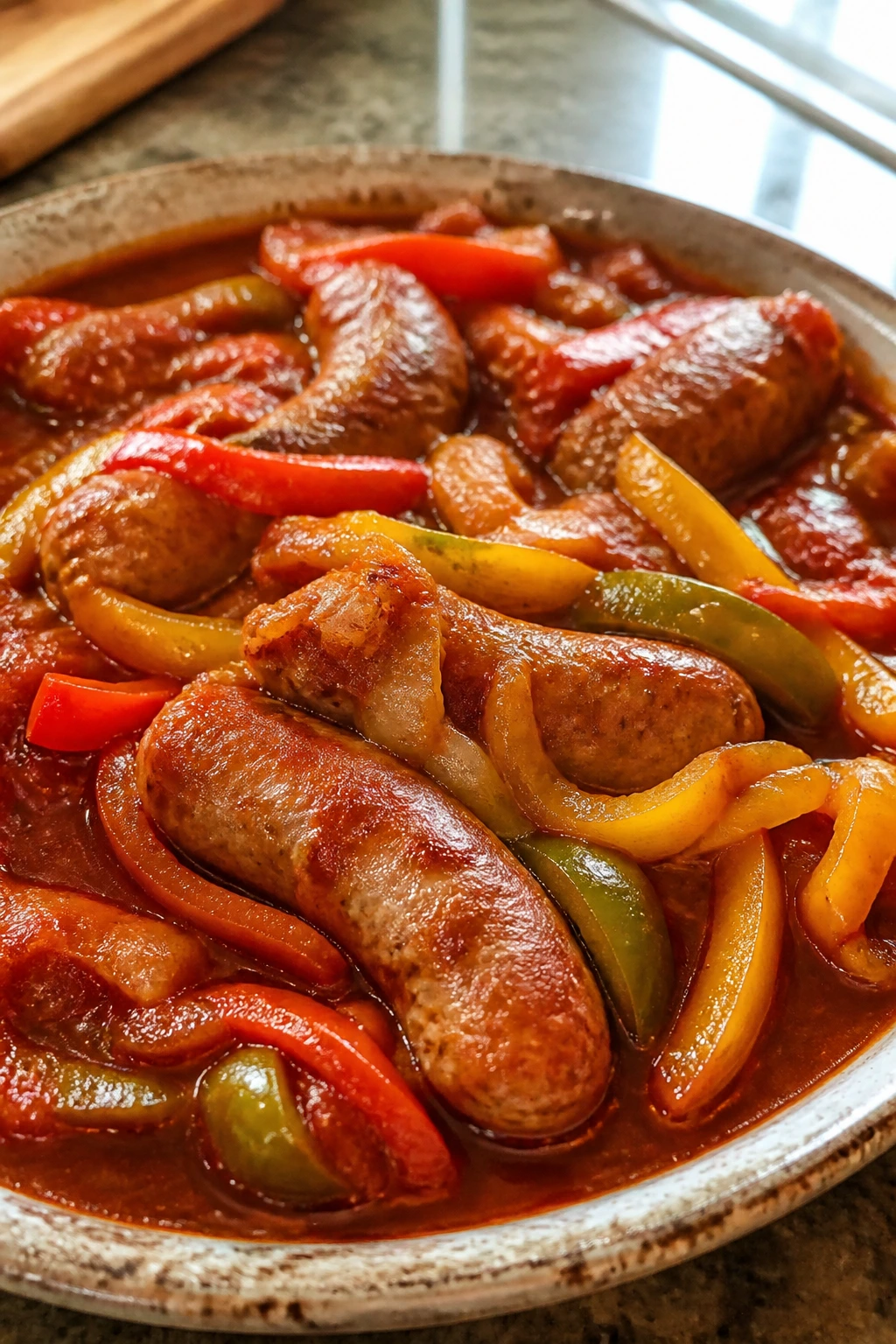 Close-up of Italian sausage with peppers in tomato sauce on a plate