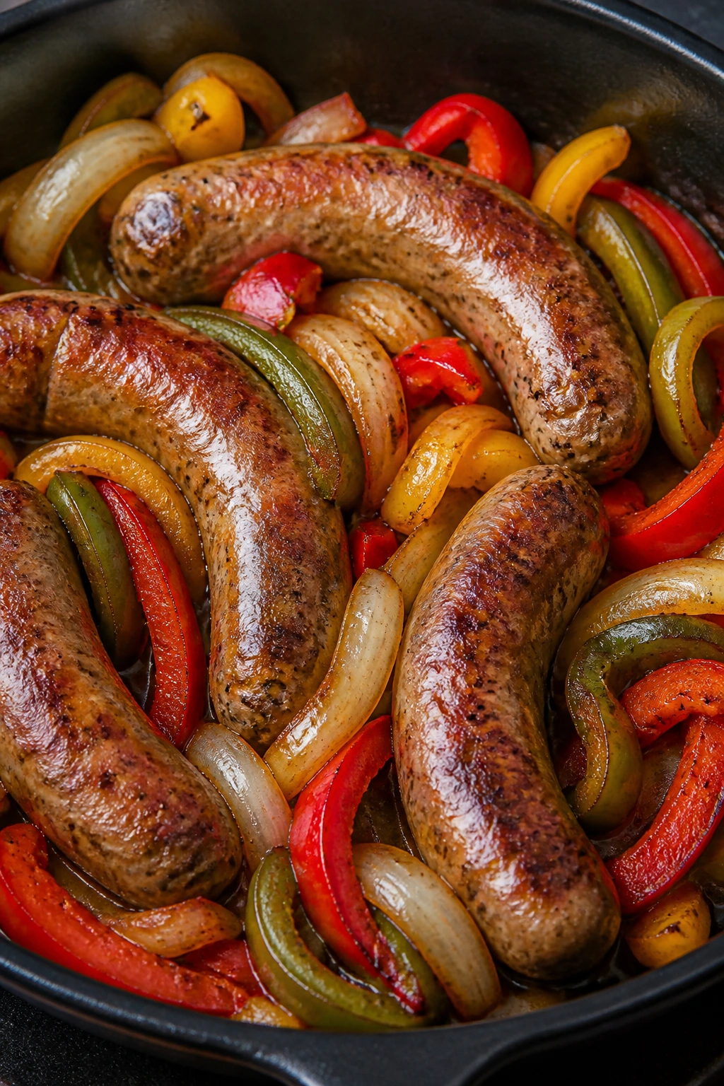 Sausage with peppers and onions in a skillet