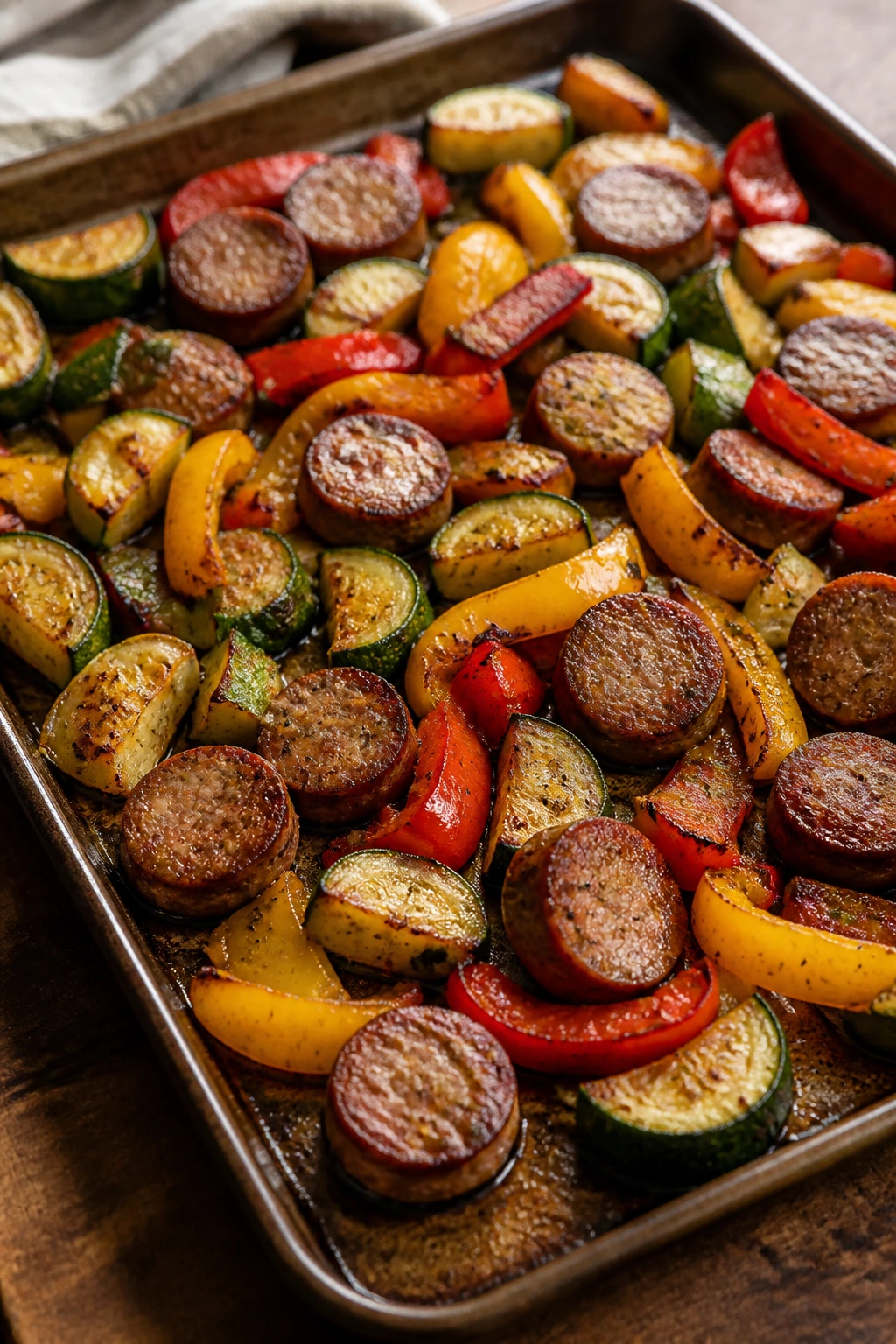 Sausage with peppers and zucchini on a sheet pan