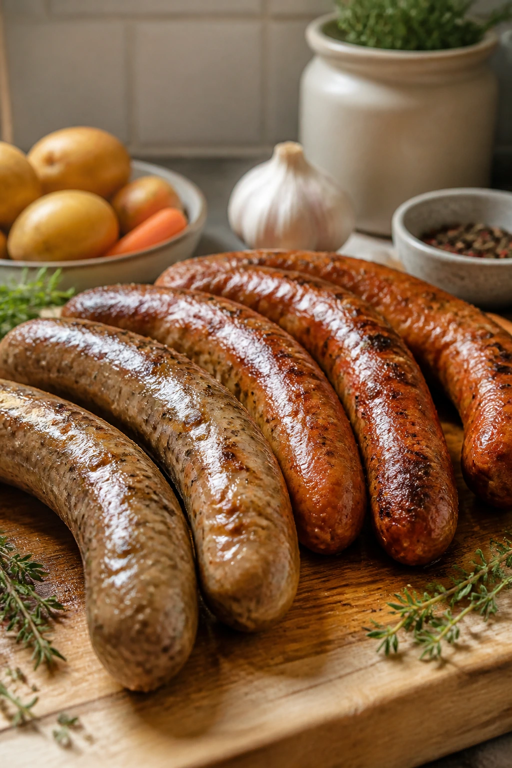 Raw Italian sausage links on a cutting board