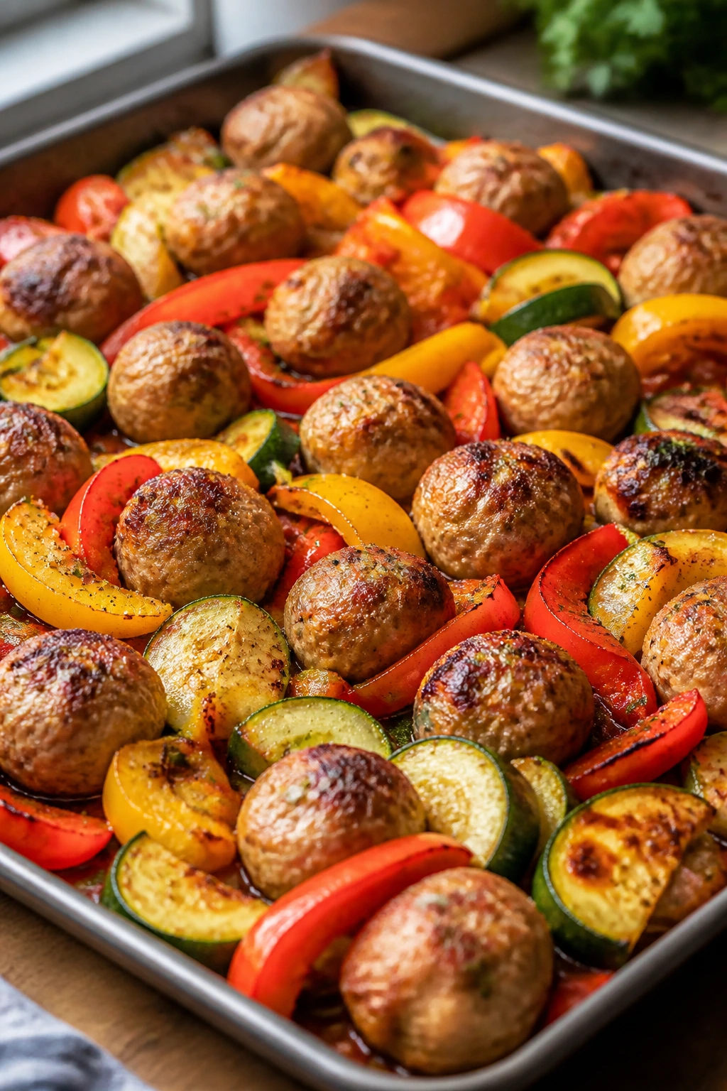 Close-up of turkey meatballs with peppers and zucchini on a sheet pan