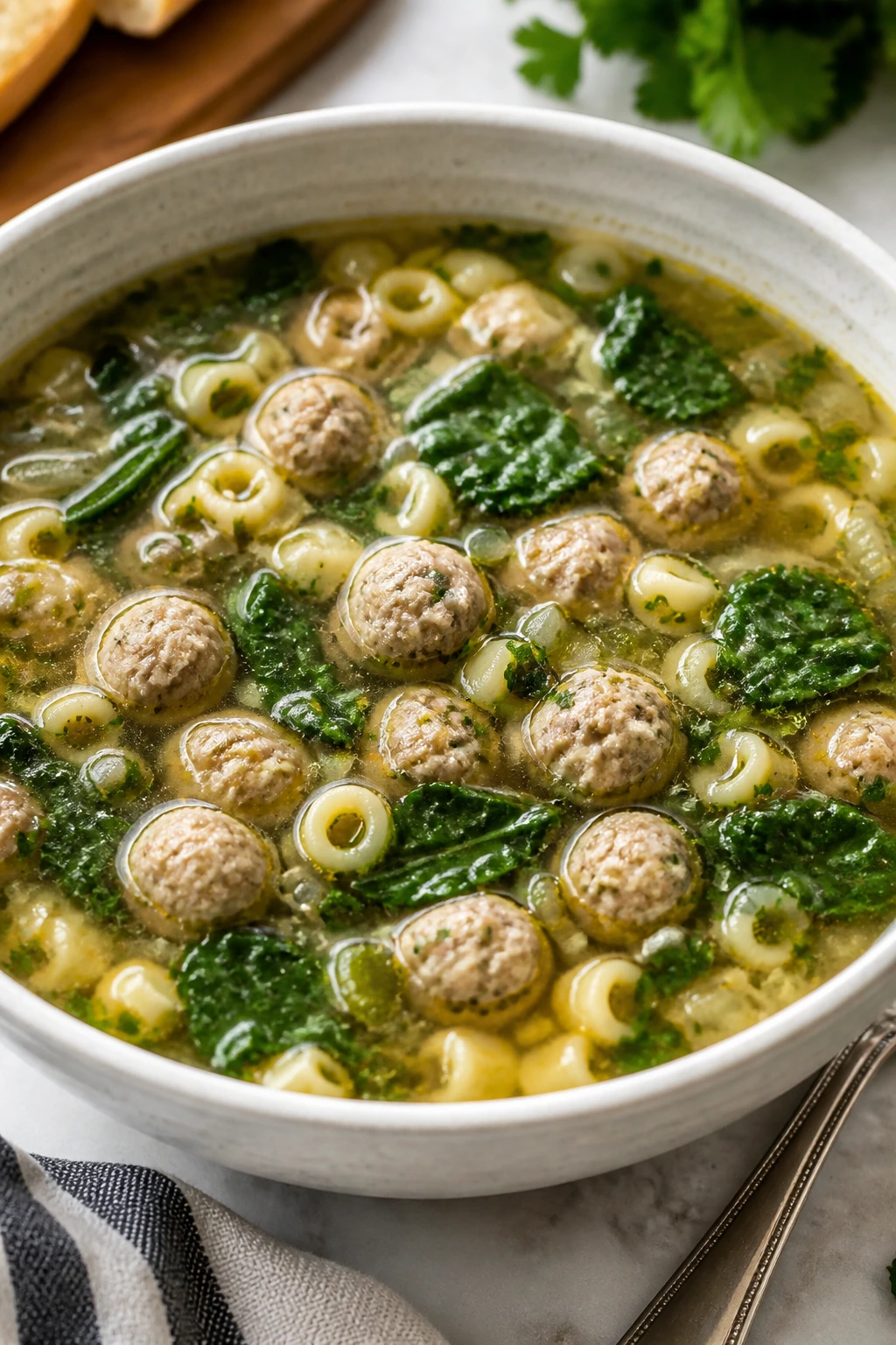 Close-up of Italian wedding soup with meatballs and greens