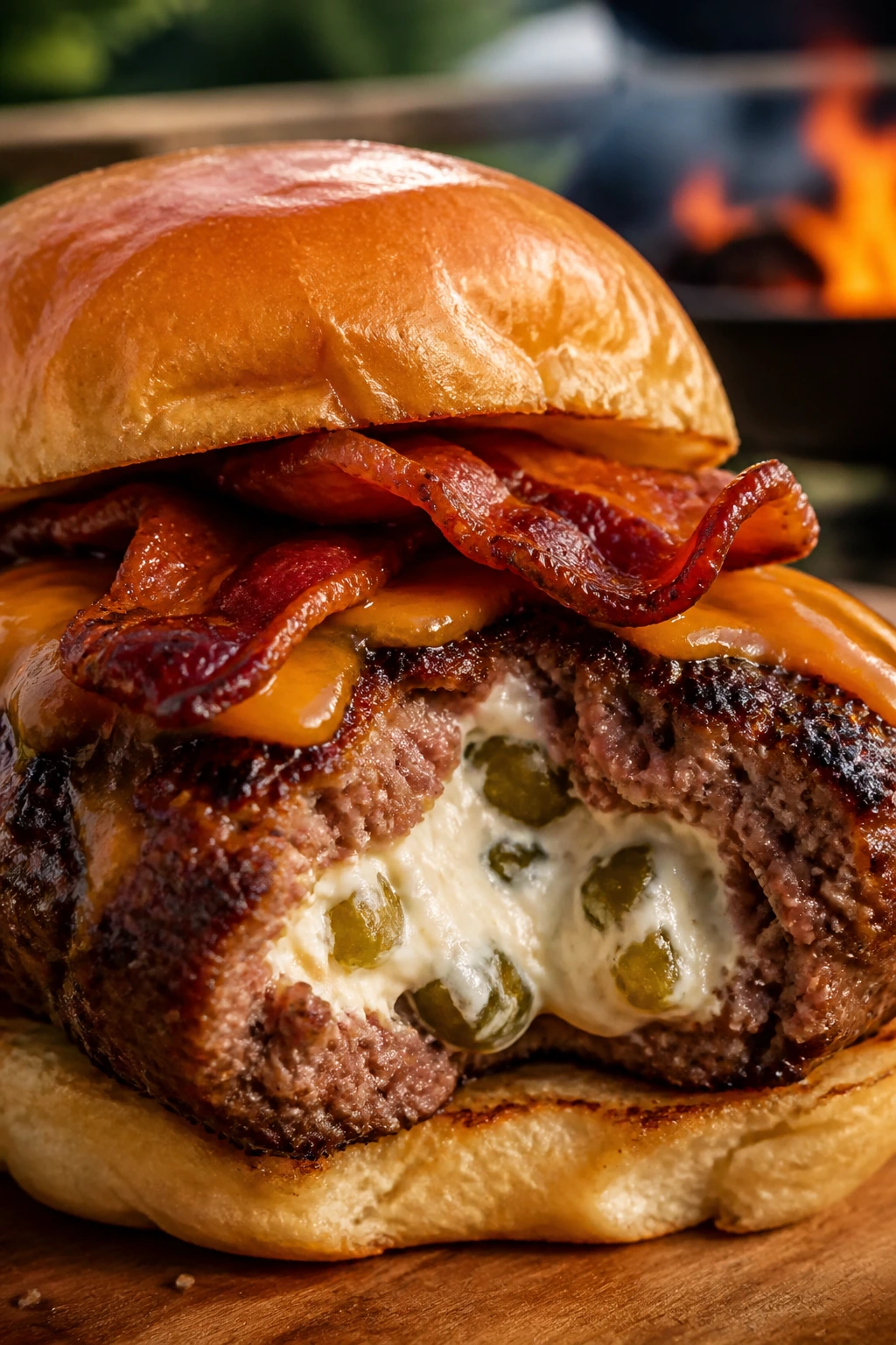 Close-up of a jalapeño popper burger with cream cheese filling