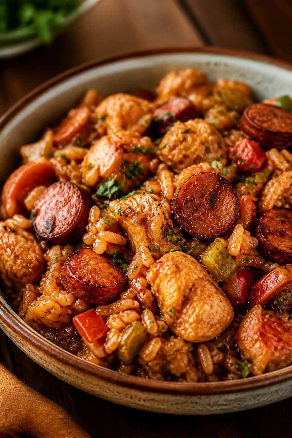 Close-up of chicken and andouille jambalaya with rice and peppers in a rustic bowl