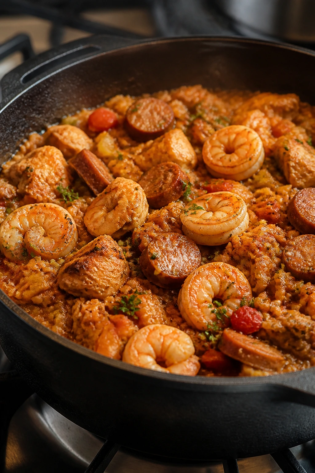 Jambalaya in a cast-iron pot with chicken, sausage, and shrimp