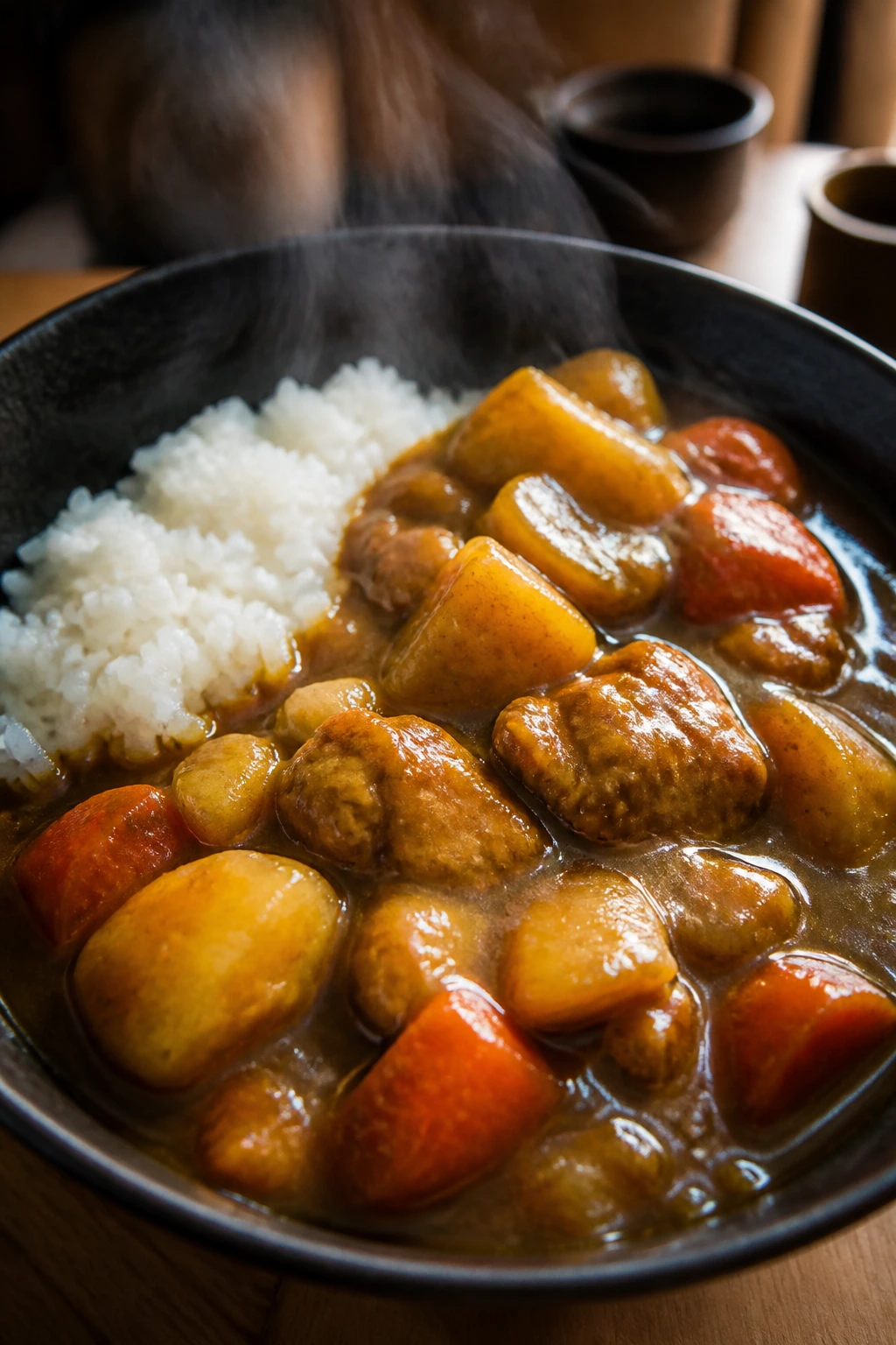 Close-up of Japanese curry chicken with potatoes and carrots over rice