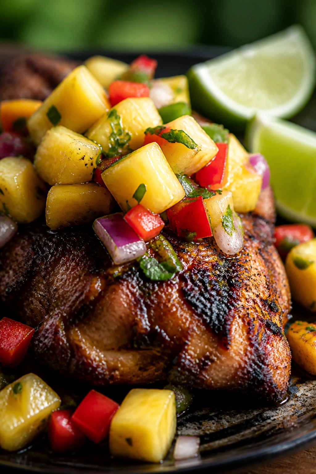 Close-up jerk chicken with pineapple salsa on top.