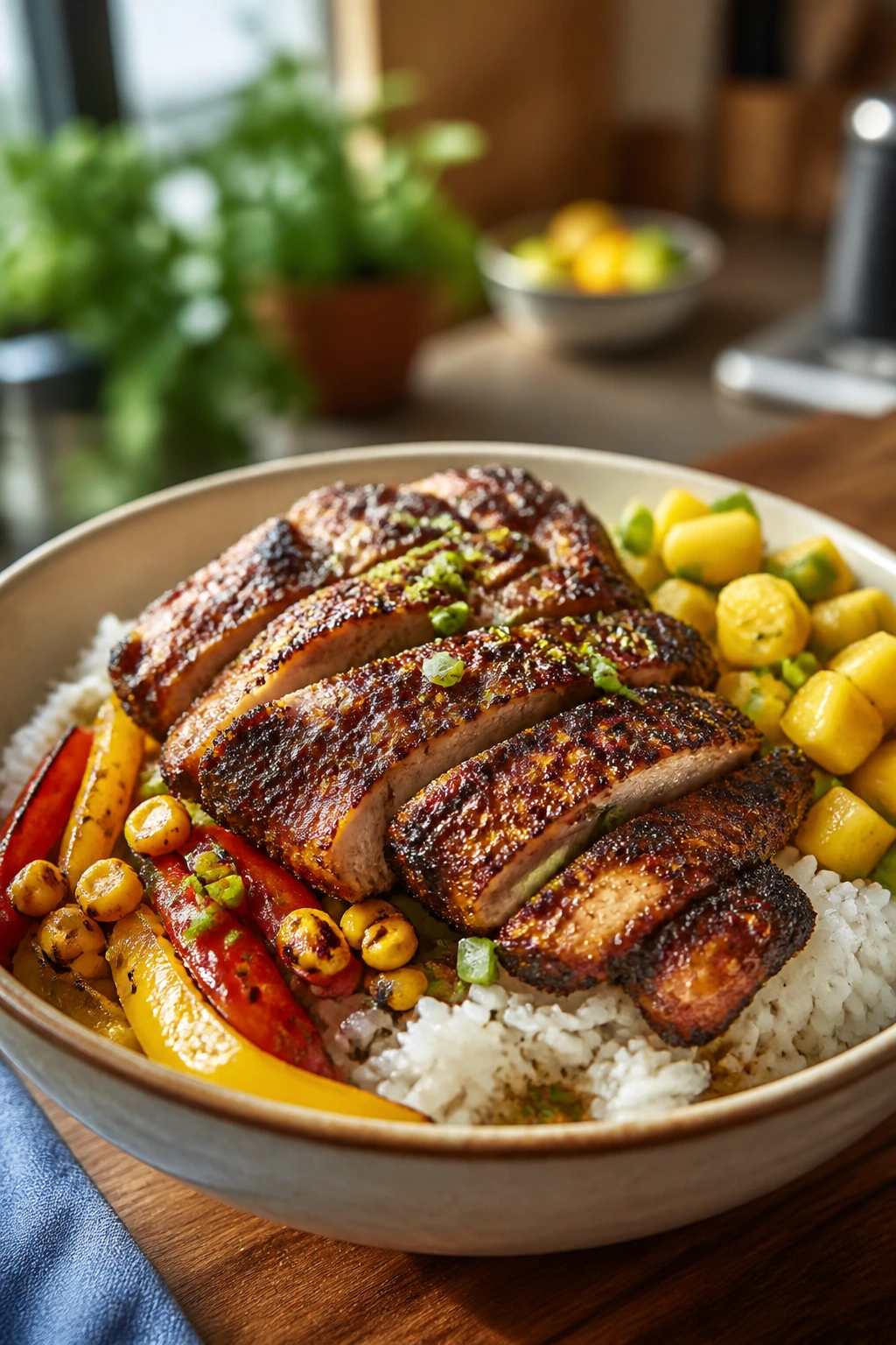 Jerk chicken on rice with peppers and corn in a bowl