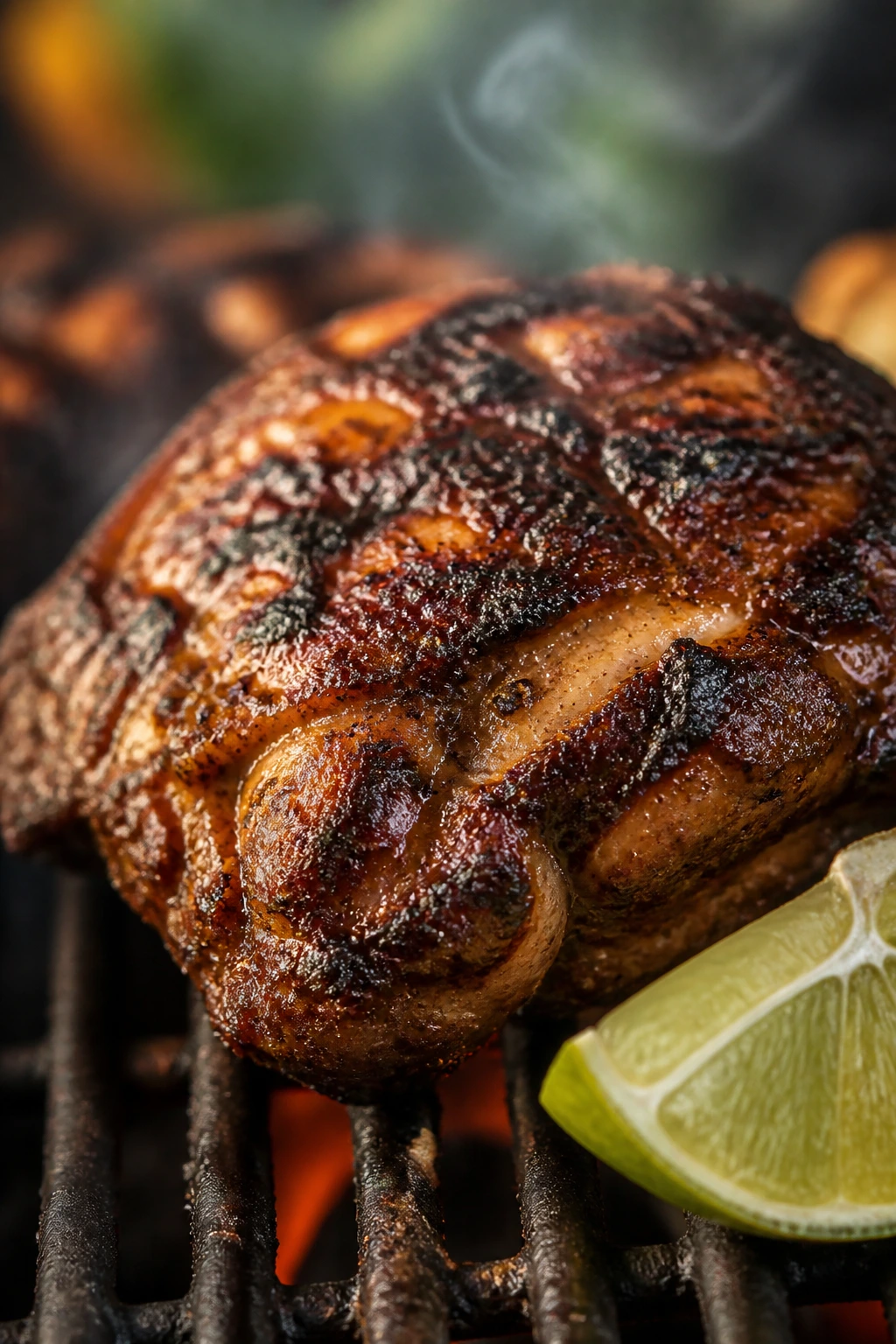 Close-up of jerk chicken thigh with lime wedge and smoky char